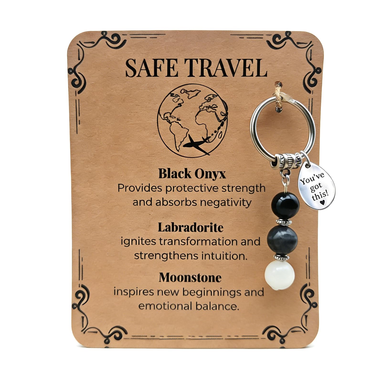 Zenthraa Unisex Silver Travel Gifts For Women-Crystal Keychain Set With Black Onyx, Labradorite, Moonstone & Blessing Card - Good Luck Charm, Healing Crystals, Bon Voyage Gift For Friends, Safe Travels Present