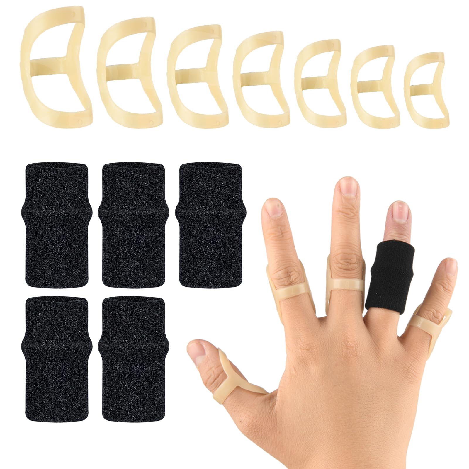12pcs Oval Finger Splints,7pcs Different Sizes Finger Splint Brace＋5pcs Knitted Finger Covers Finger Support for Thumb Index Middle Pinky or Ring Finger (6,7,8,9,10,11,12 Sizes)