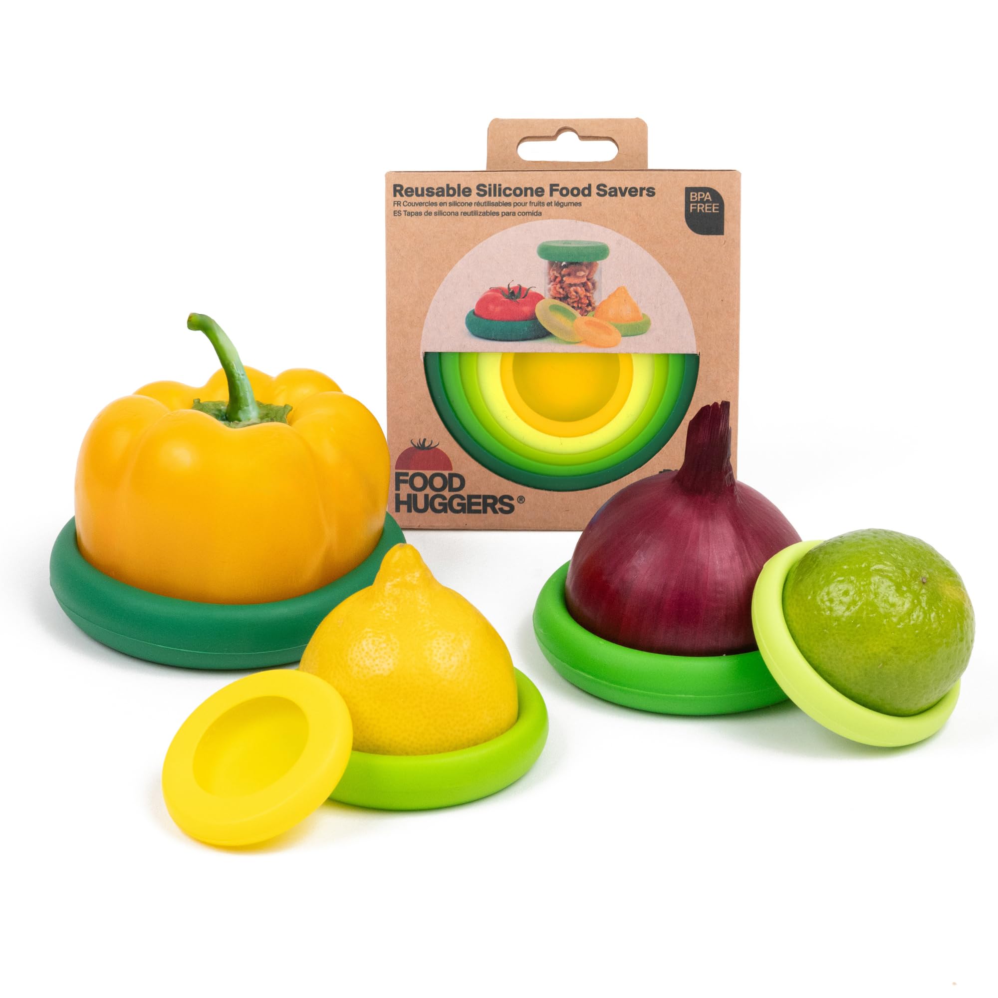 Food Huggers5pc Reusable Silicone Food Savers | BPA Free & Dishwasher Safe | Fruit & Vegetable Produce Storage for Onion, Tomato, Lemon, Banana, Cans & More | Round, Fresh Greens