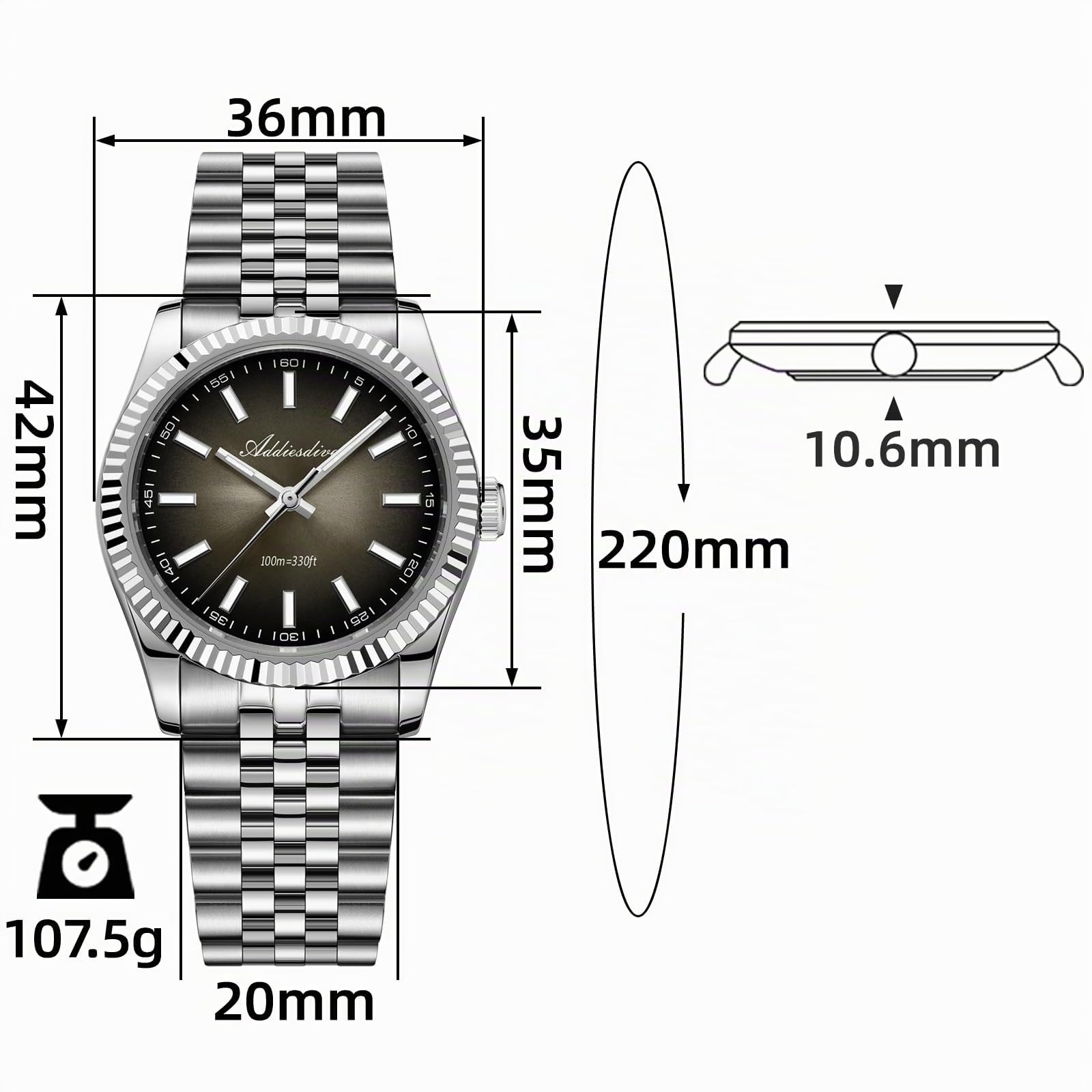 ADDIESDIVE Orologio Analogico da 10.6 mm Sottile con Ghiera Zigrinata, Vetro Zaffiro Luminoso, Impermeabile 100M, Movimento al Quarzo di Lusso