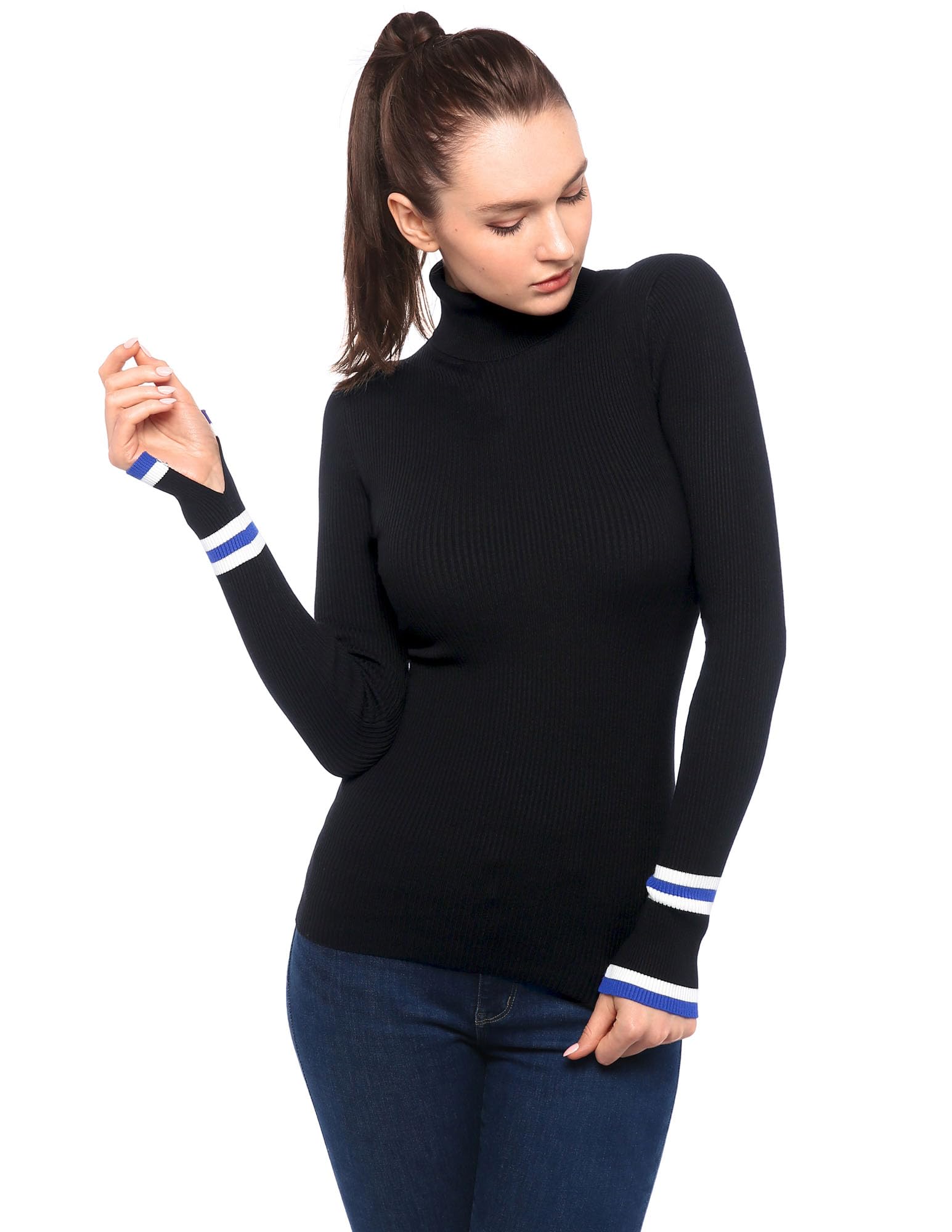 Amélieboutik Women's Black Long Sleeve Striped Split Cuff Turtleneck Ribbed Pullover Sweater, Medium