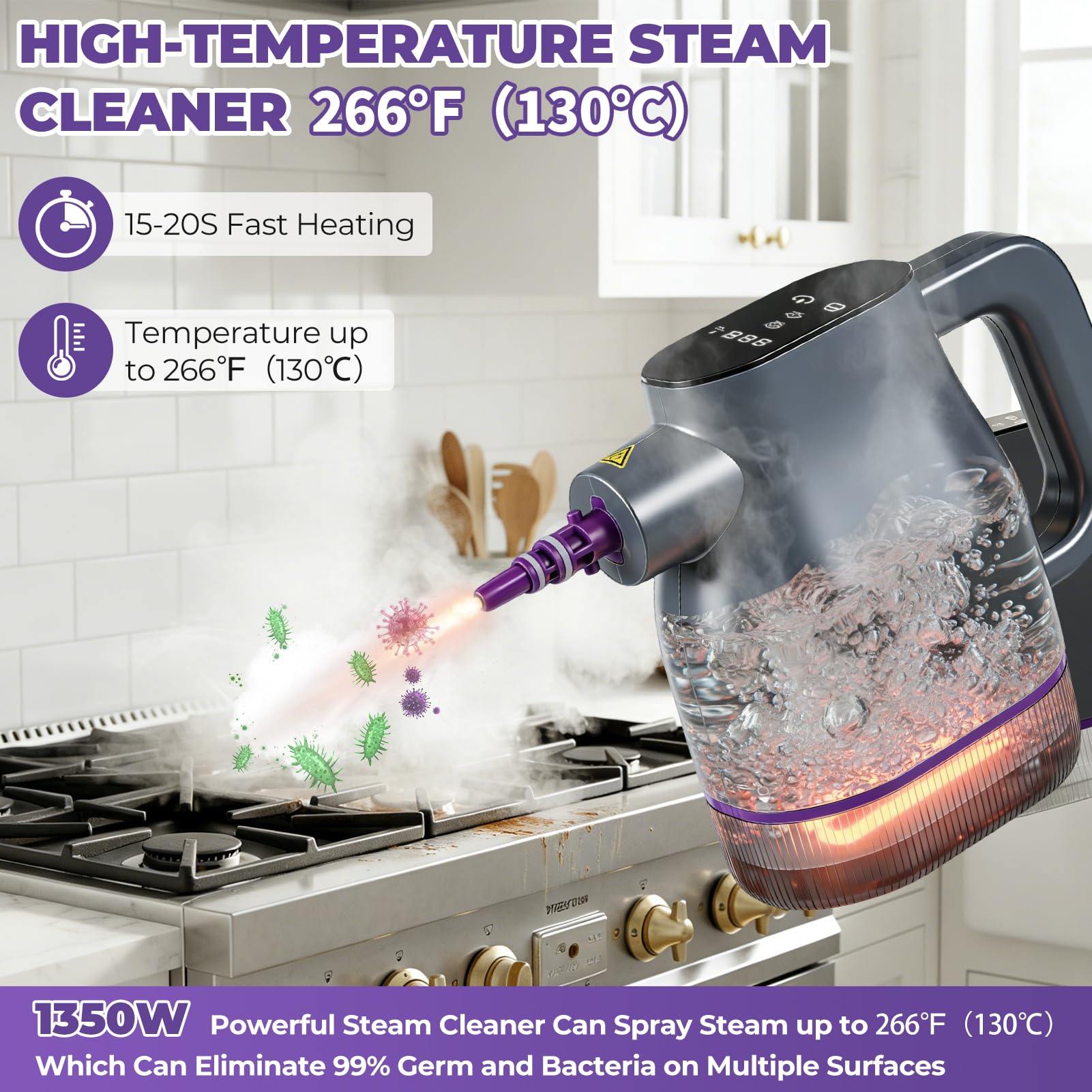 1350W Vaporeta Limpieza Hogar con 400ml, 3 Bar Calentar Rápidamente a 130°C en 15s Limpiador a Vapor Portátil, Cierre de Seguridad y 9 Accesorios Limpiador a Vapor de Mano para Cocina Ventanas Suelos