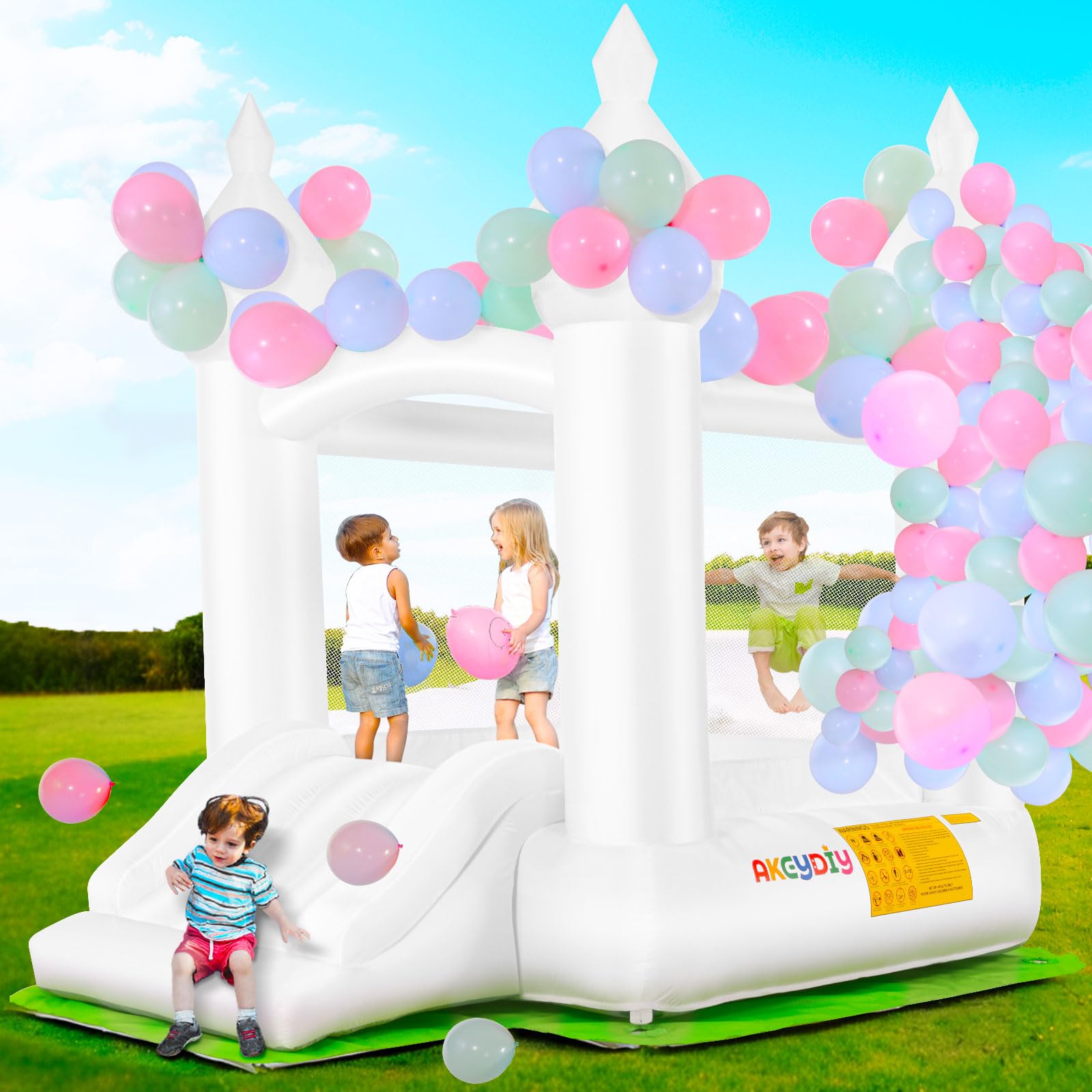 White Bounce House, Inflatable Bouncer with Air Blower,Indoor & Outdoor Bouncy Castle with Slide for Wedding Party Kids Birthday Party,101