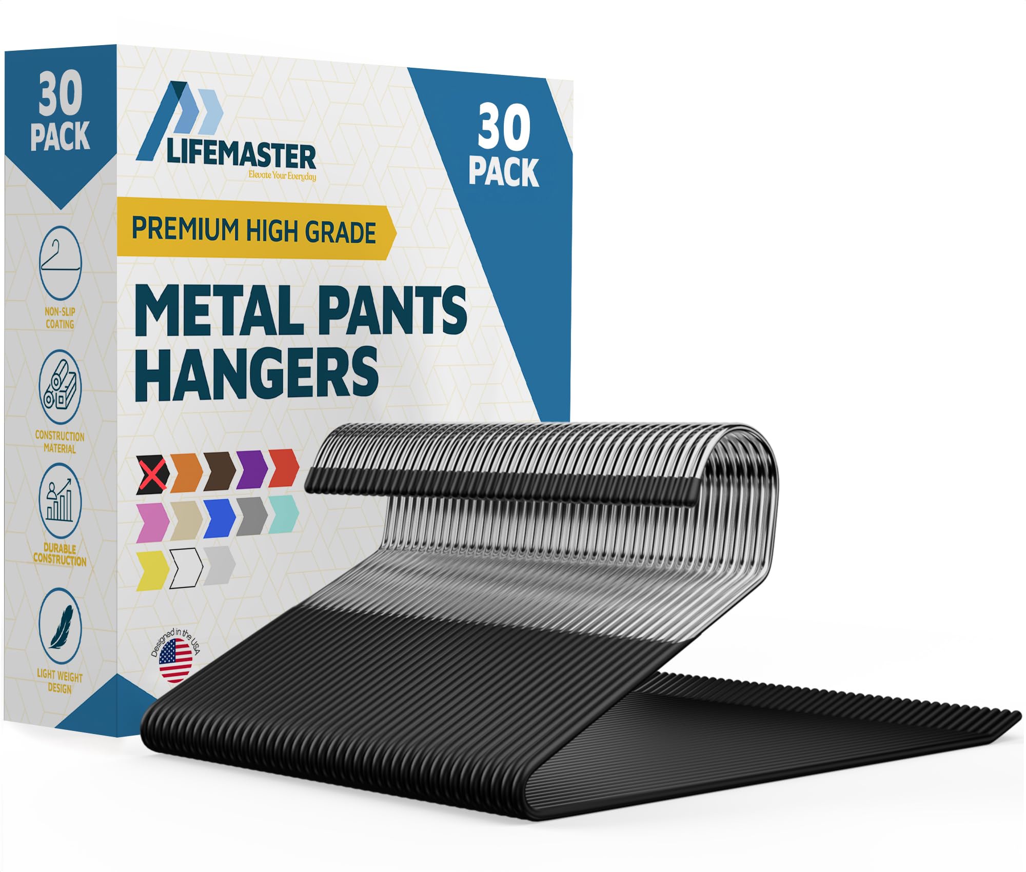 Lifemaster Prestige Steel Metal Non-Slip Pants Hangers with Rubber Coating - A 30 Set of Sturdy Open-Ended Black Hangers for Organized Hanging of Pants, Jeans, Slacks, and Other Bottoms