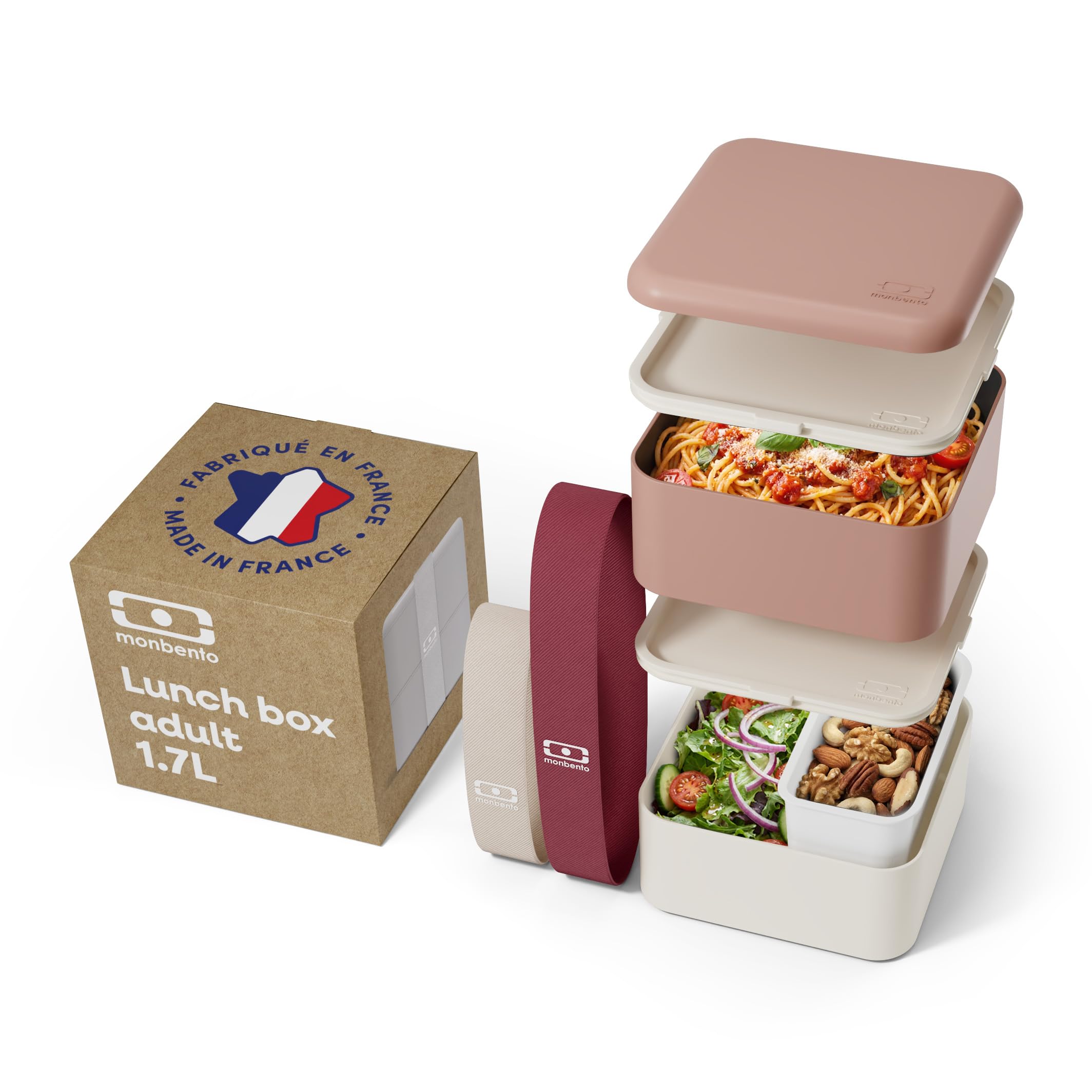 monbento - Lunch box MB Square rose Moka - Grande Bento Lunch Box à Compartiments - Bento Box Hermétique 2 étages - Idéal pour Travail/​Pique-​nique – Sans BPA, Durable et Sûr - Made in France - Rose