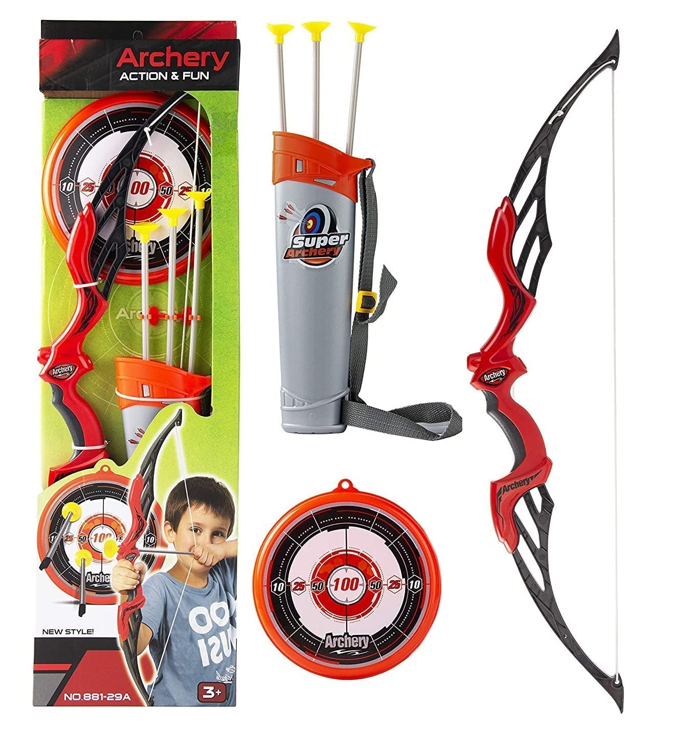 Super Archery Bow and Arrow Set with Dart Target Board, Colourful with 3 Suction Cup Tip Arrows ( Red )