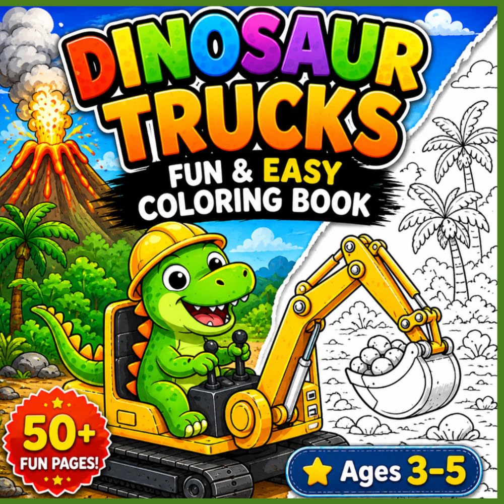 Dinosaur Coloring Book with Trucks: Fun and Easy Dinosaur and Monster Truck Activity Book for Kids Ages 3–5