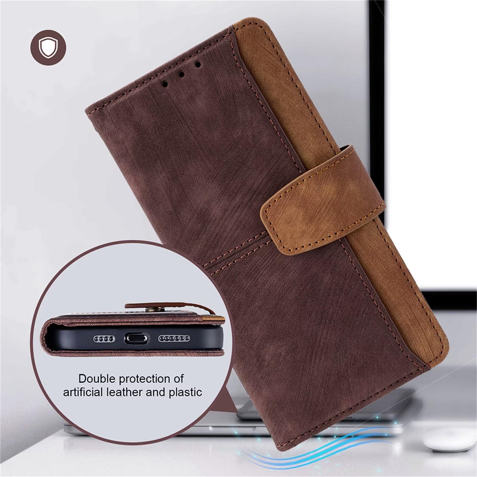 EYZUTAK Telefoonhoes voor Samsung Galaxy S24 Ultra, flip case, lederen hoes, ritssluiting, magneetsluiting, portefeuille, met 9 kaartvakken, standaardfunctie, retro, mat, leren hoes, bruin