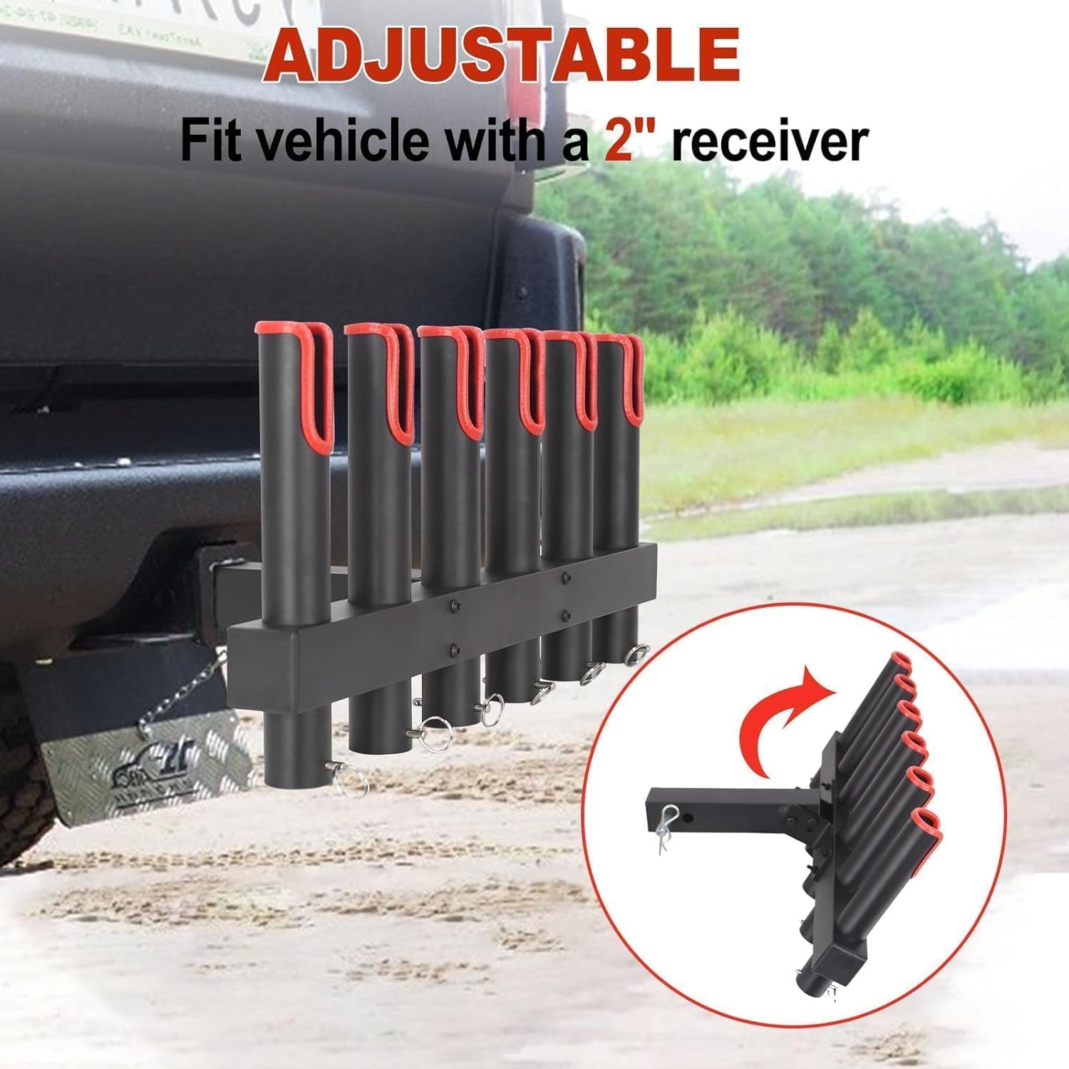 Hitch Fishing Rod Holder for Truck, 4/6-Tube Stainless Steel Rod Rack Fits 2 " Hitch Receiver, with Quick Release Pin, Reflective Safety Strips