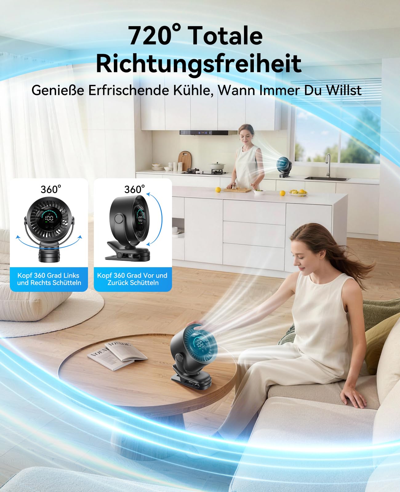 KIMMOO Clip-Ventilator Wiederaufladbar, 100 Stufen USB-Tischventilator mit LED-Display, 360° Rotation & Starker Luftstrom, bis zu 17 Std. Akku-Laufzeit, Kleiner Ventilator für Camping (Schwarz)