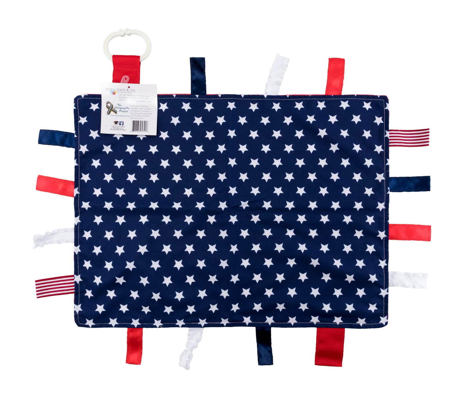 Baby Sensory, Security & Teething Closed Ribbon Tag Lovey Blanket with Minky Dot Fabric: 14”X18” (American Flag)
