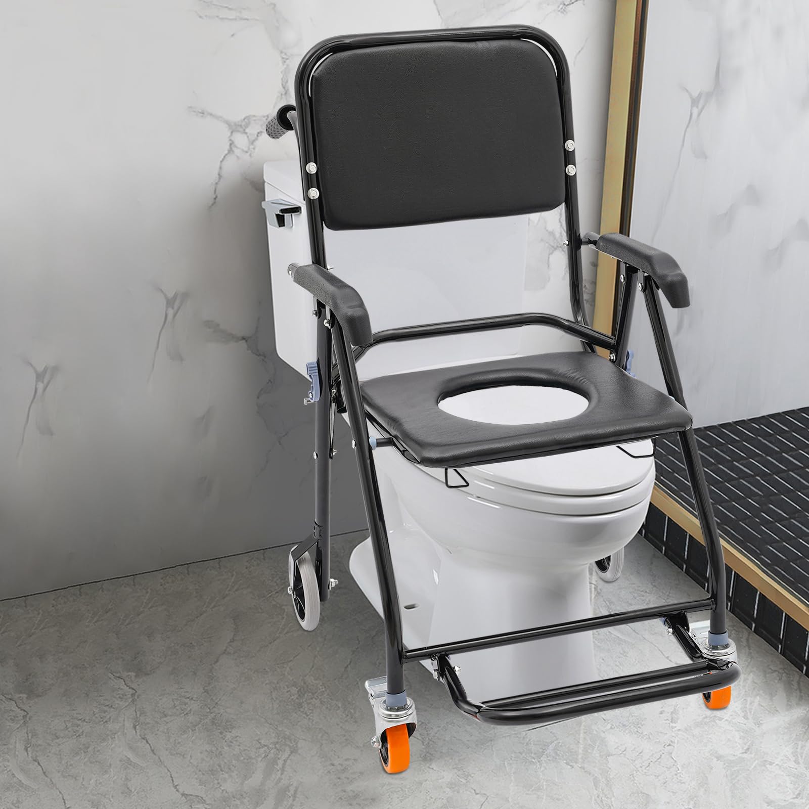 Krzesło prysznicowe, stołek prysznicowy, składany, dla seniorów, z kółkami, dla seniorów, obciążenie 100 kg, szerokość 44 cm, wysokość siedziska 51 cm