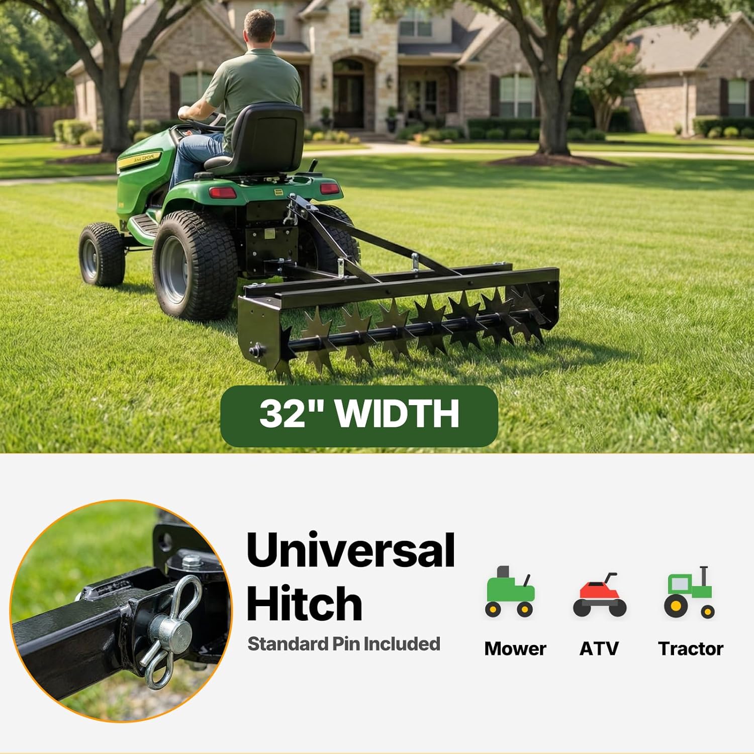 Tow Behind Lawn Aerator, 32 Inch Rolling Spike Aerator Heavy Duty, Galvanized Steel Lawn Aerator Tool with Weight Tray, 8 Spikes, 200 LBS Capacity, Aeration for Lawn Soil, Better Water Absorption