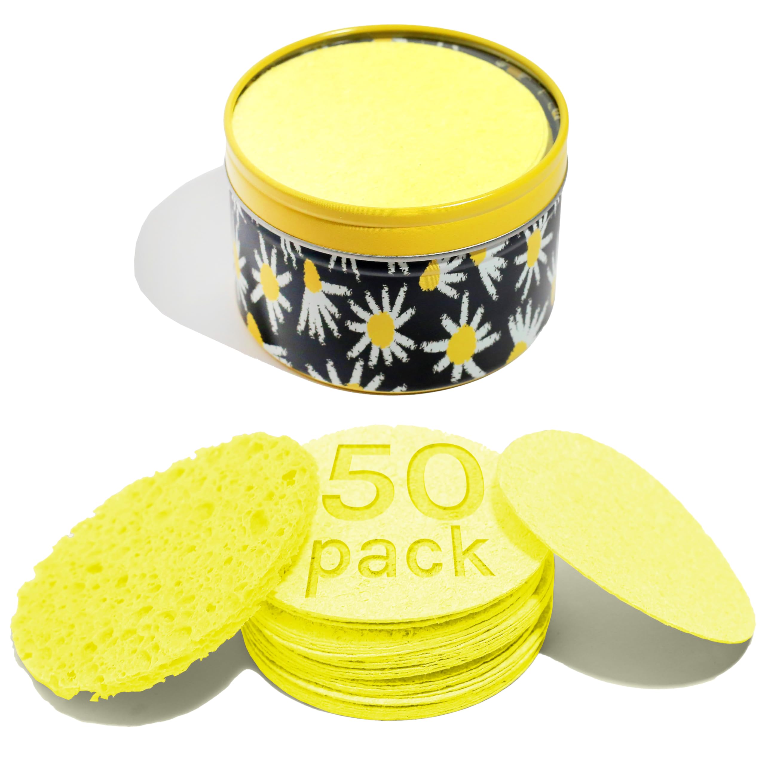 AOA Studio Lot de 50 éponges compressées pour le visage 100 % naturelles pour nettoyage du visage, masque exfoliant, enlever le maquillage, les peaux mortes et la saleté (jaune, 50 pièces)