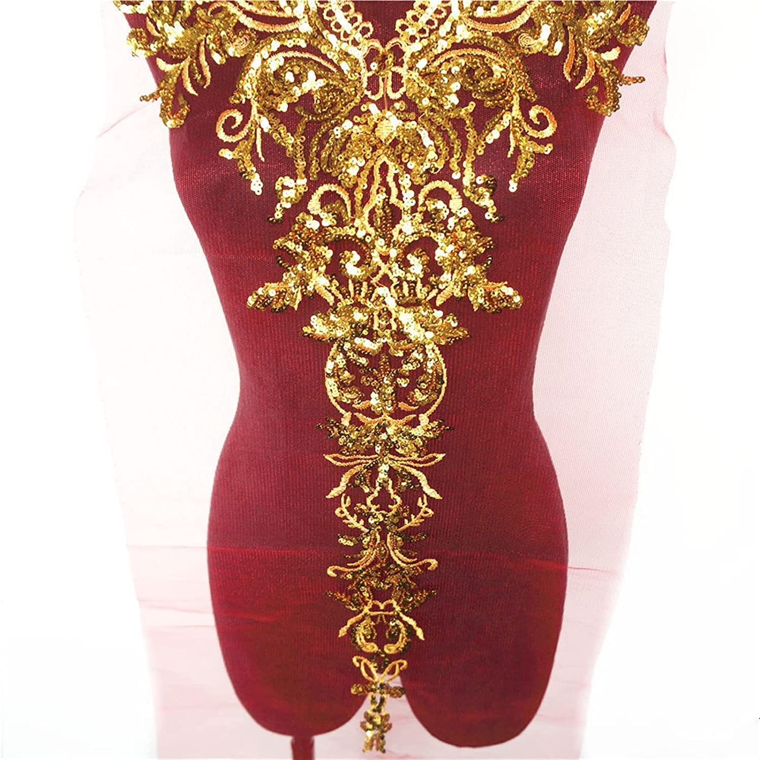 Appliqué Decorativi per Abiti da Cerimonia, Toppa da Cucire su Tessuto di Pizzo Ricamato con Spalline in Rete(Red)