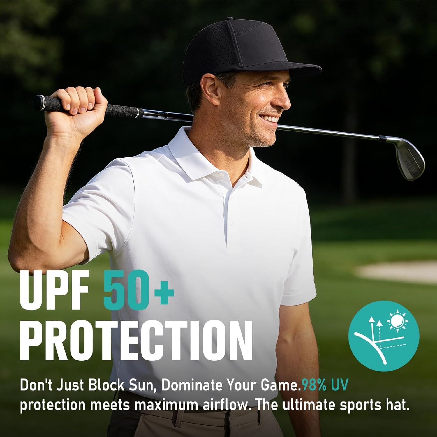 Flat Brim Baseball Cap for Men Adjustable Water-Resistant Performance Hat with Breathable Laser Perforated
