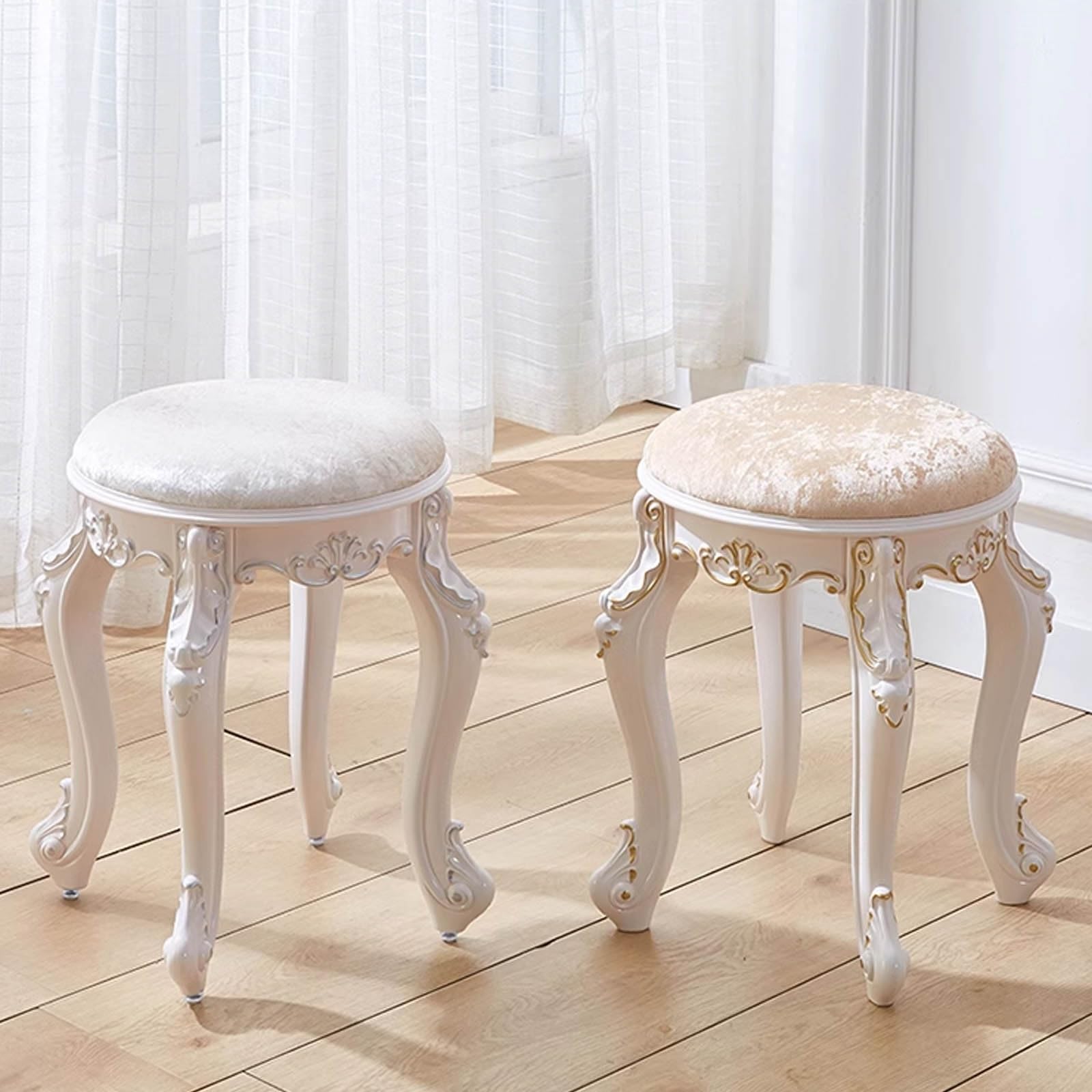 Poltrona da trucco, sa da toeletta rotonda vinta da 43 cm, sgabello da trucco imbottito, poggiapi portatile per coli spazi, in similpelle bianca con gambe arntate, ideale per ca