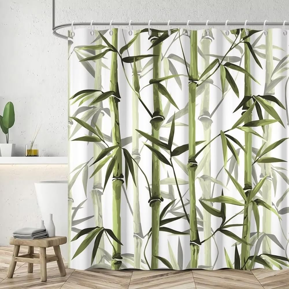 Cortina de Ducha de bambú Verde, Cortina de baño con Estampado de bambú, Tela Impermeable con Estampado botánico Zen SPA primaveral (275 x 180 cm (108 x 71 Pulgadas))