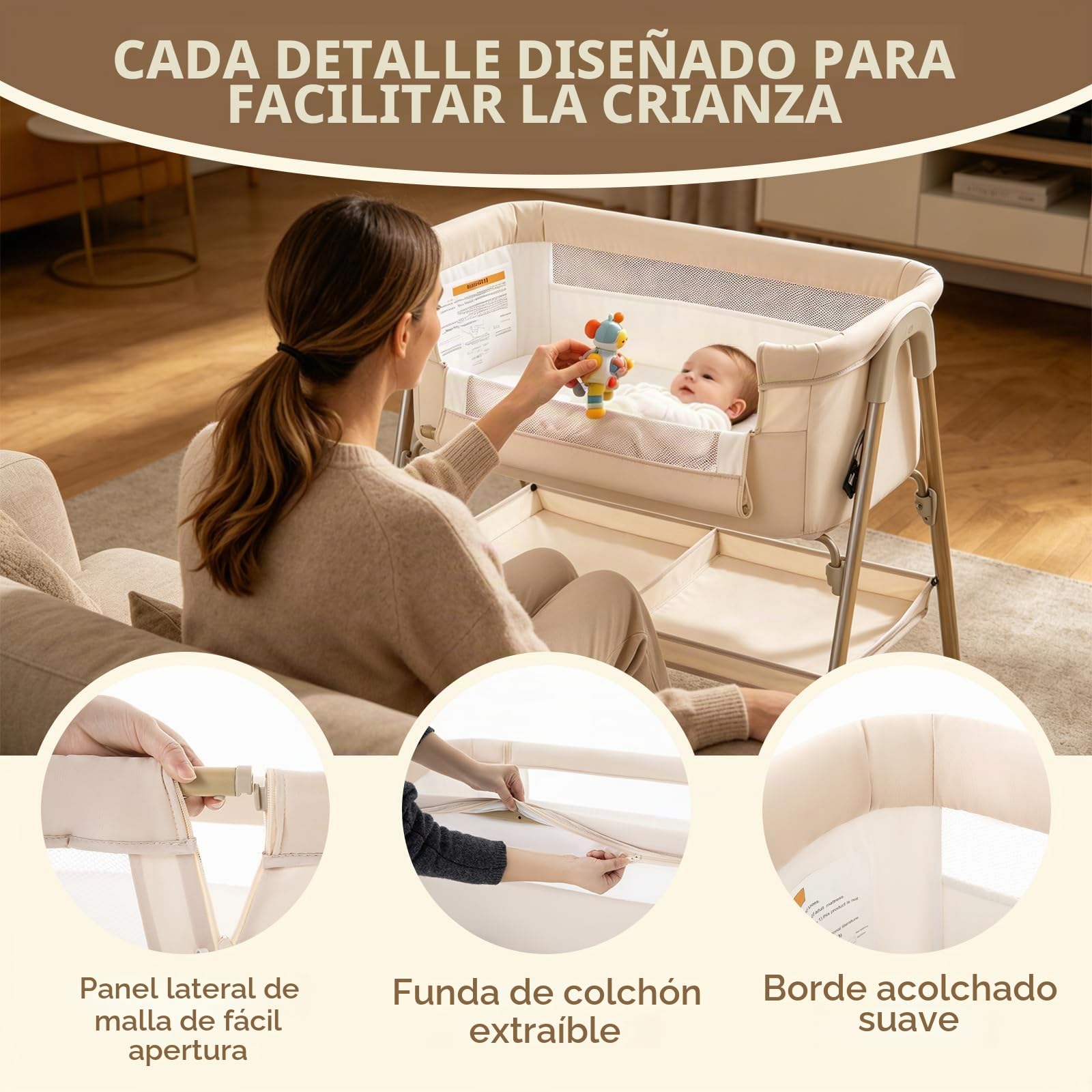 Zkiprm Cuna Colecho Bebé, Cama Colecho Bebé Plegable de Fácil Montaje, Cuna con mosquitero, 4 Ruedas Bloqueables, Bolsa de Viaje y Cesta de Almacenamiento | Máximo : 9 kg | 0 a 6 Meses（Beige）