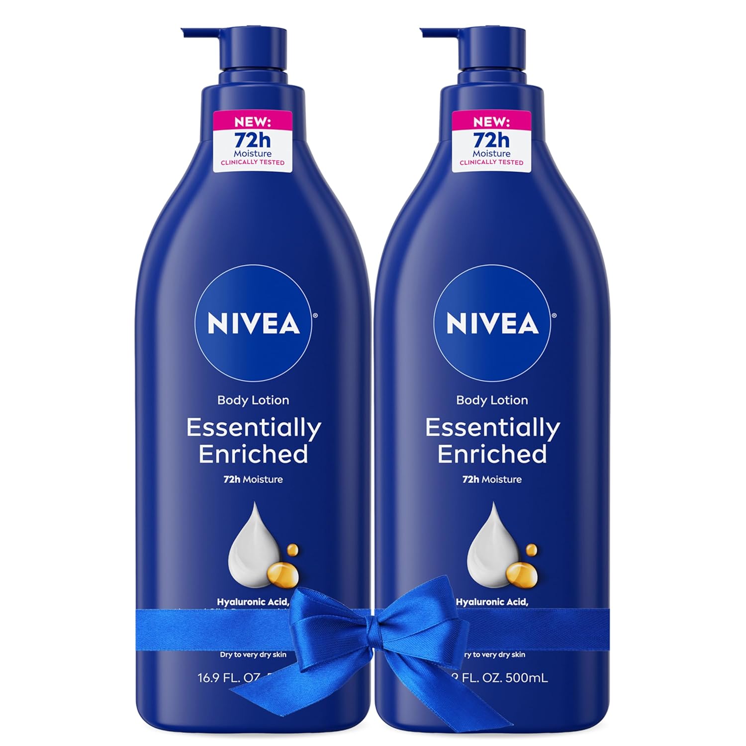 NIVEA Essentially Enriched Body Lotion for Very Dry Skin with Hyaluronic Acid, Almond Oil and Deep Nourishing Serum, 72-Hour Body Moisturizer, 16.9 Fl Oz Pump Bottle, Pack of 2