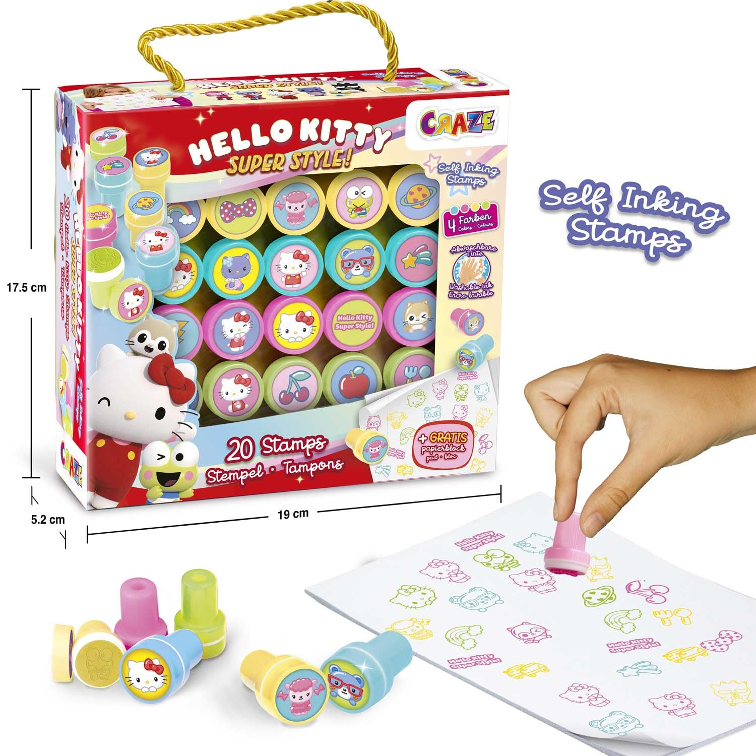 CRAZE 20 Sellos de Goma de Hello Kitty para Niños, Sellos Infantiles de 4 Colores, Incluye Bloc de Notas para Pintar, Tinta Lavable
