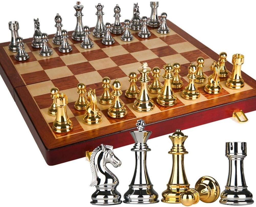 Chess Set Metal Glossy Golden and Silver Chess Pieces Solid Wooden Folding Chess