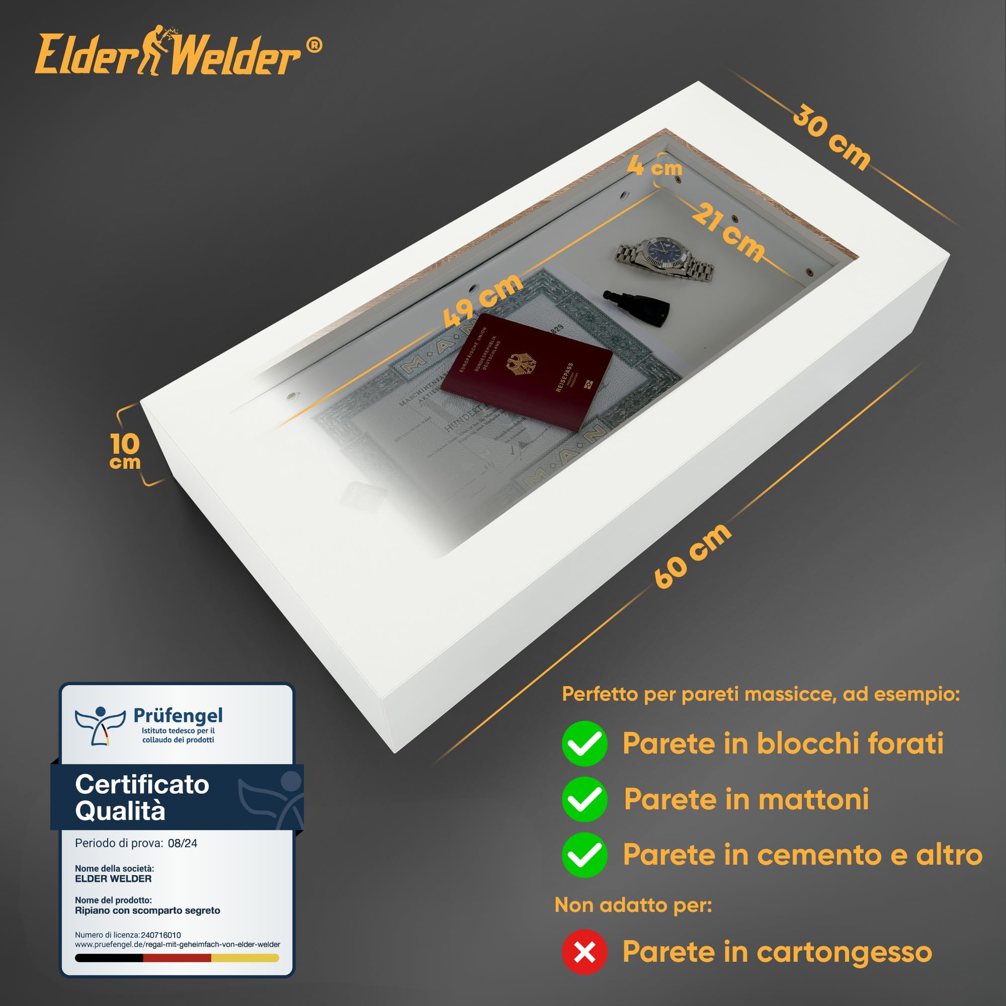 Elder Welder® Cassaforte Invisibile Mensola | 30 cm x 60 cm | Armadio, Nascosta | da Muro, Bianca con Cassetta di Sicurezza e Chiave