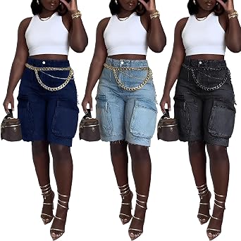 Ecirod Cargo Bermuda High Waisted Denim Shorts Women Distressed Raw Hem Long Jean Shorts with Pockets