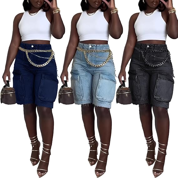 Ecirod Cargo Bermuda High Waisted Denim Shorts Women Distressed Raw Hem Long Jean Shorts with Pockets