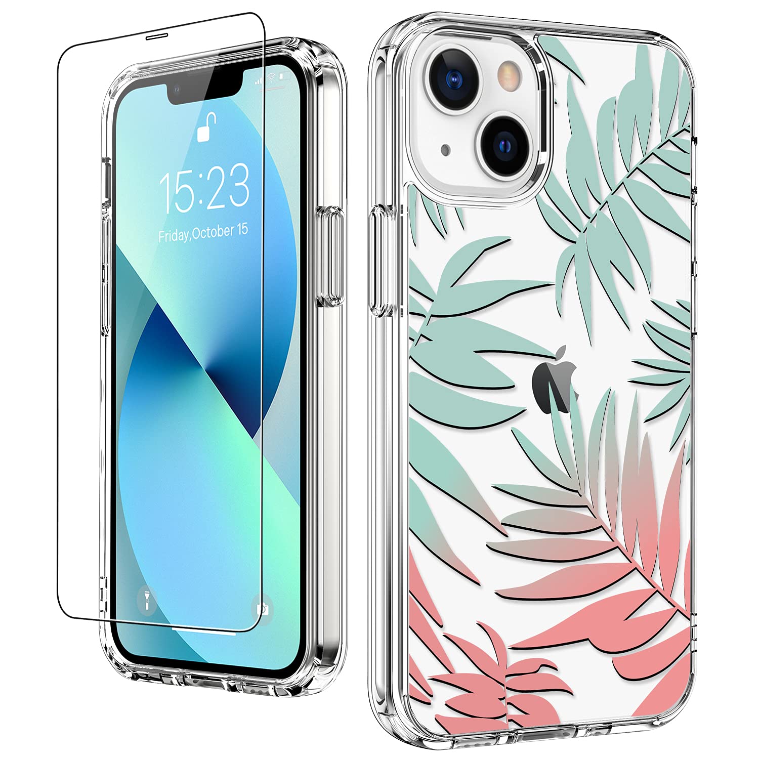 LUHOURI Clear iPhone 13 Mini Case with Screen Protector,Floral Flower Tropical Leaves Designs on Crystal Cover for Women Girls,Protective Phone Case for iPhone 13 Mini 5.4"