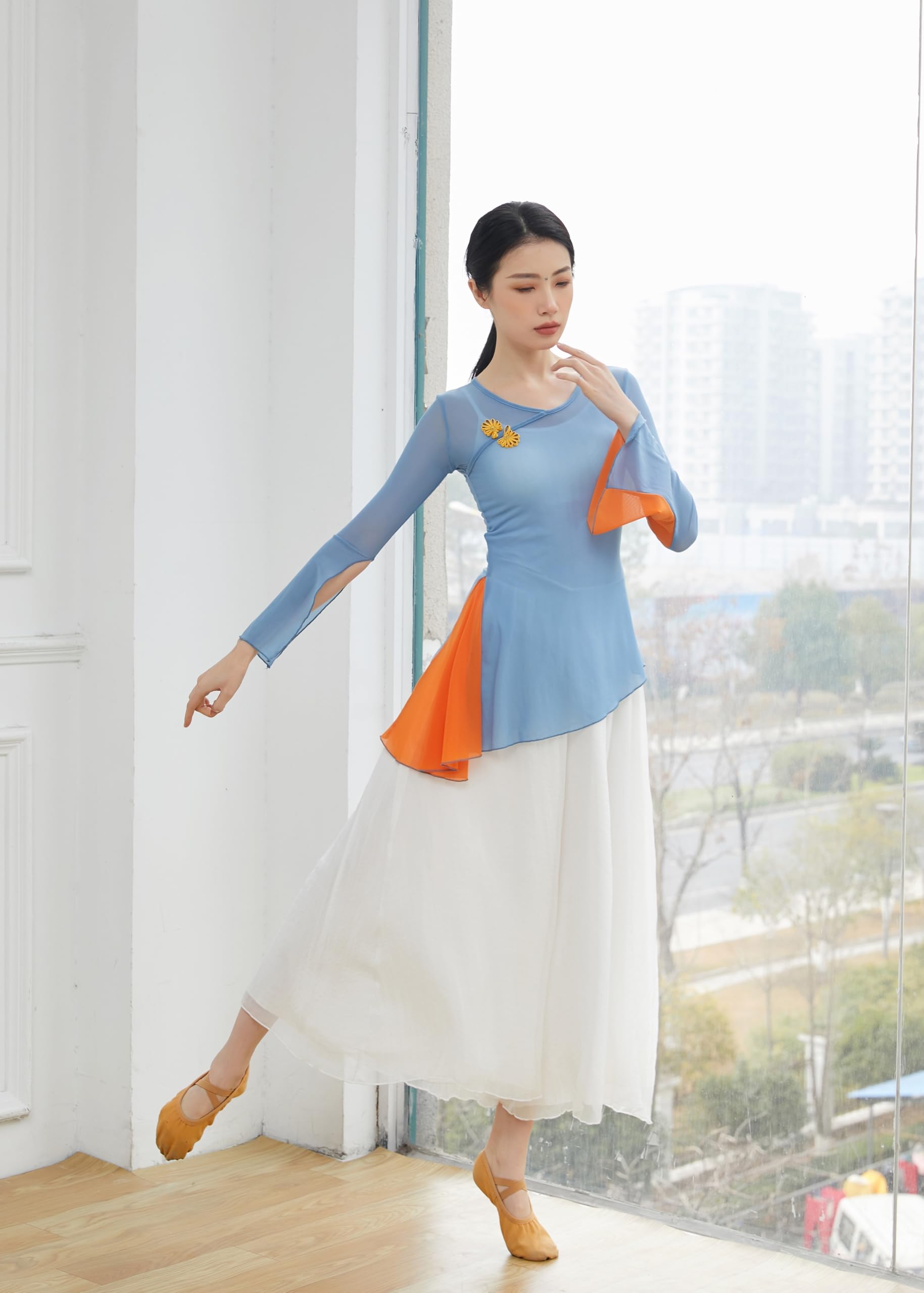 HEARTTOUCH Women Chinese Dance Shirts Ballet Wrap Top Long Sleeve Teen Girls Classical Dance Crop Yoga Gym Cover up (Blue d,Small)