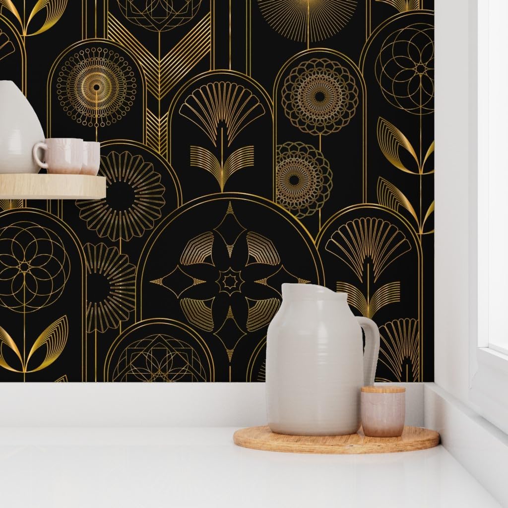 Spoonflower Peel & Stick Wallpaper Swatch - Art Deco Flower 1920s Gold Floral Black Flowers Geometric Dark Custom Removable Wallpaper
