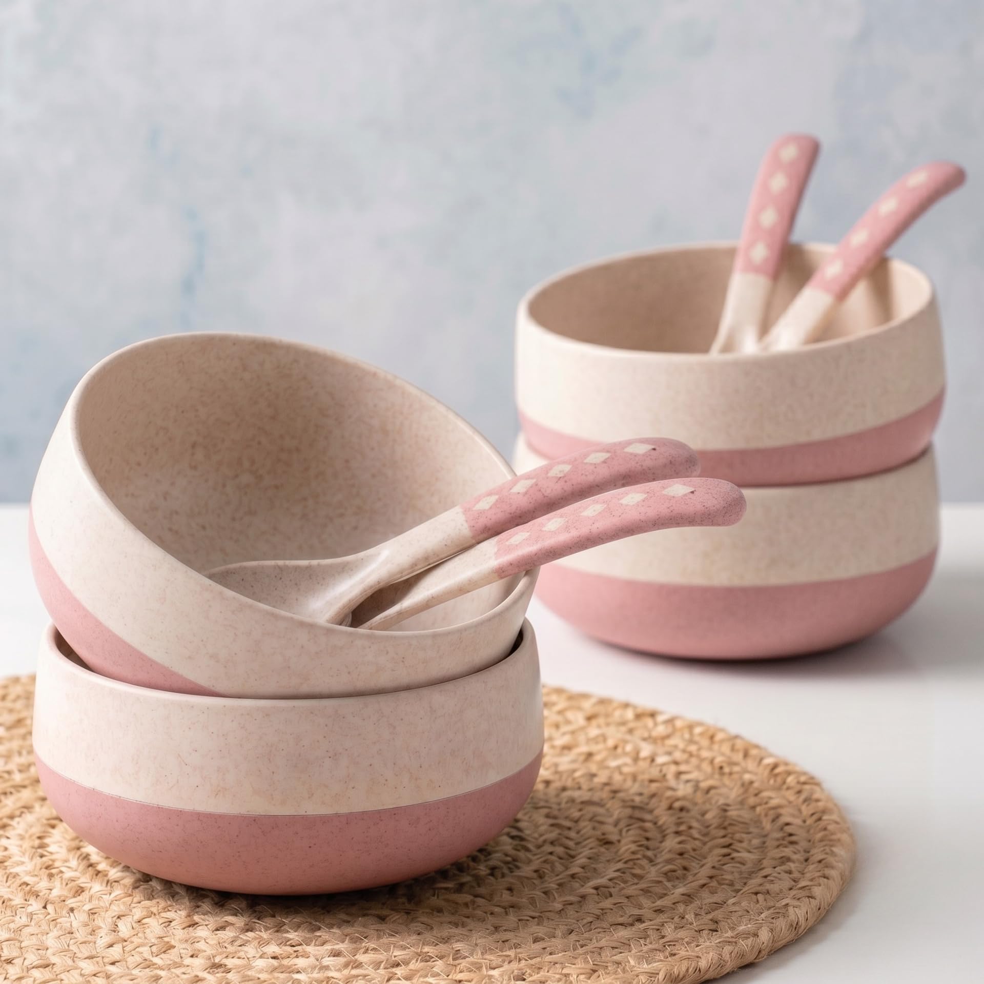 Eha Earth-Friendly Soup Bowls with Spoons|250 ml|Made with Rice Husk Biocomposite|Microwave Safe Bowls for Kitchen|Serving Bowl Set of 4|Innocent; pink and off-white