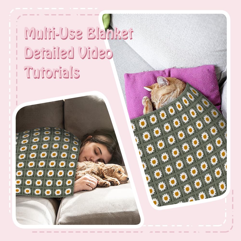 WEBEEDY Kit de manta de ganchillo para principiantes, kit de ganchillo Daisy Granny Squares para adultos con tutoriales en video paso a paso, hilo de ganchillo, gancho de ganchillo para tejer