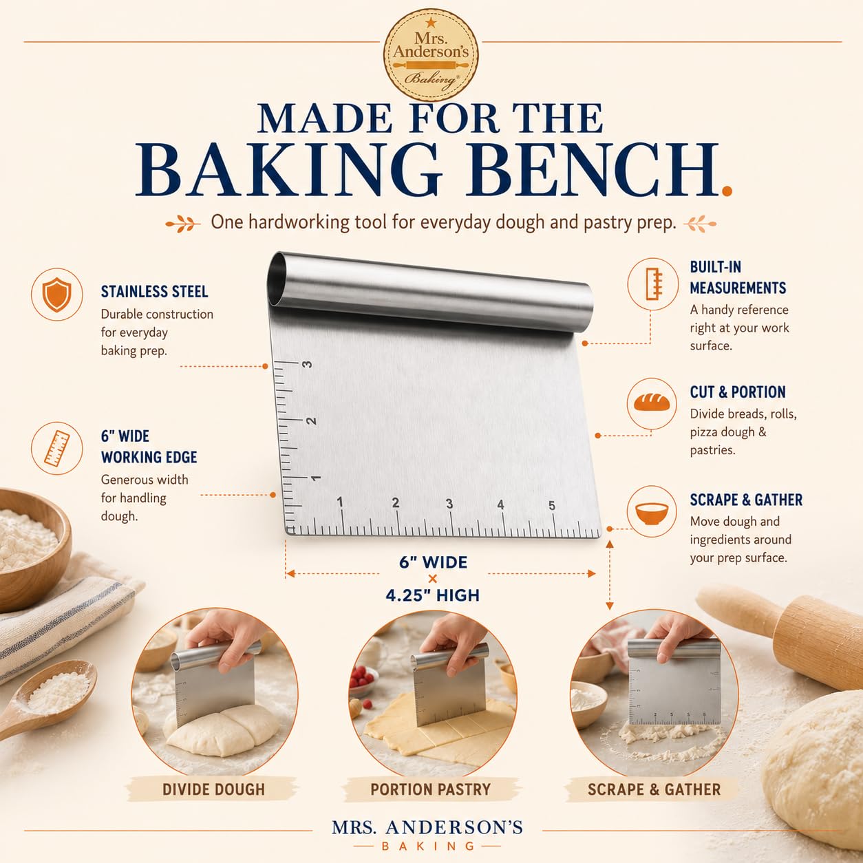 Mrs. Anderson's Baking Raspador de masa para pastelería con medidas, 15 x 4.25 pulgadas, acero inoxidable