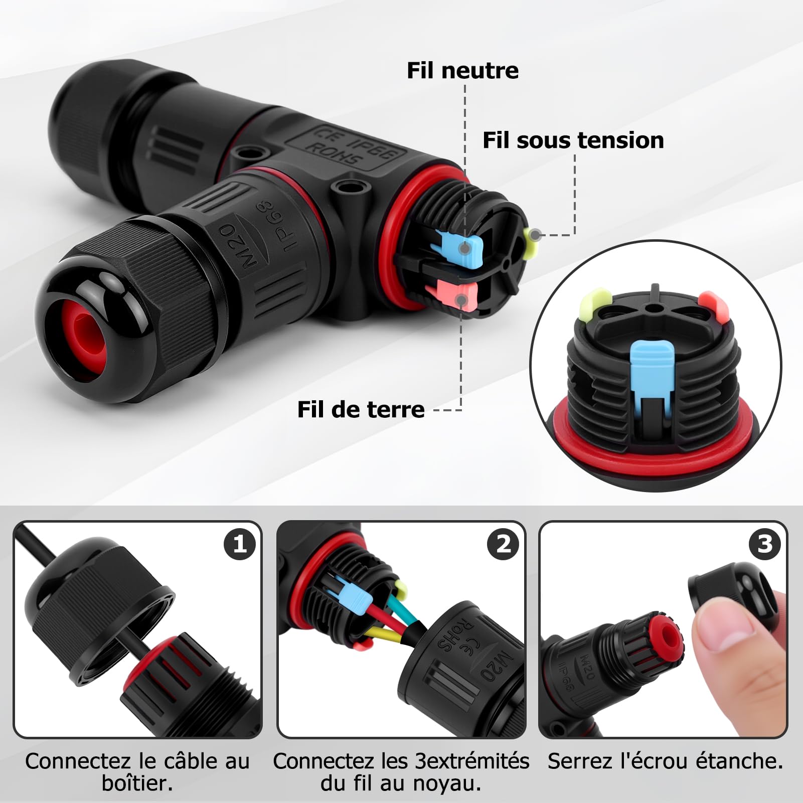 5 Pièces Connecteur Electrique Etanche IP68, 3 Fils Connecteur Etanche, Connecteurs de Câble Enterré Étanches, Forme de T, Pour Diamètre de Câble Ø3-12 Mm