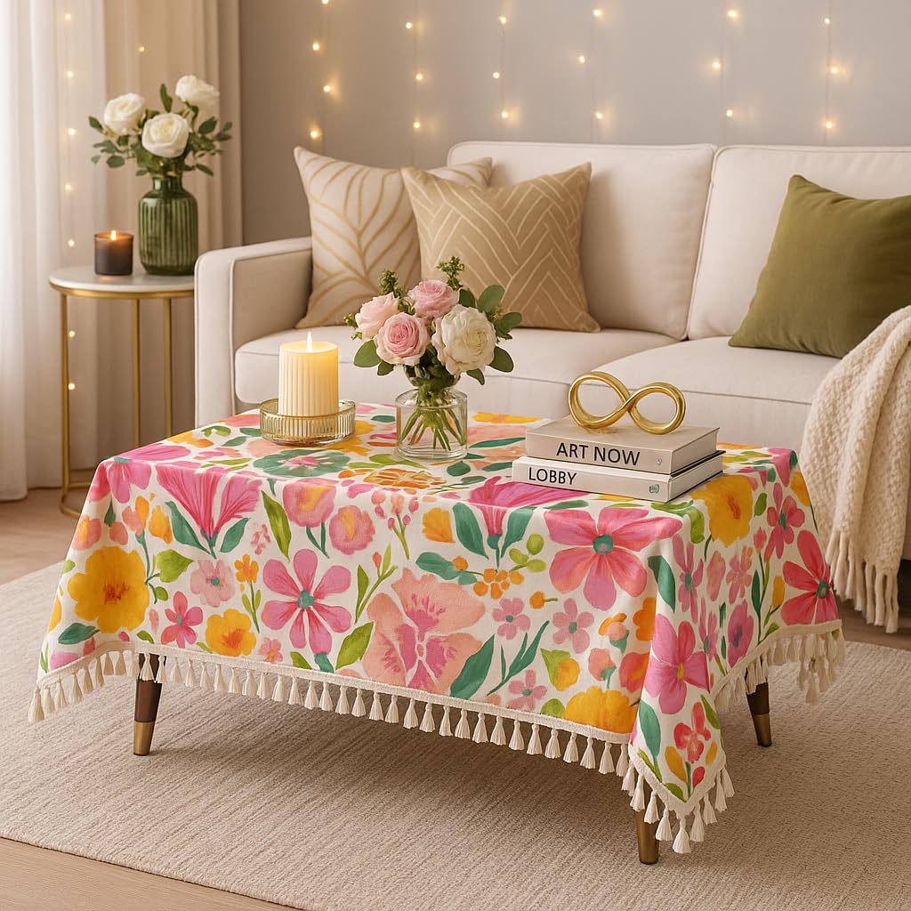 WWW.THROWPILLOW.IN Pink Floral Print Tassel Boho Printed Dining Table Cover Rectangle Shape 52"x 72", Anti Skid Table Cloth for 5 Feet Center Coffee Table Cover|Living Room Diwali Decor 4