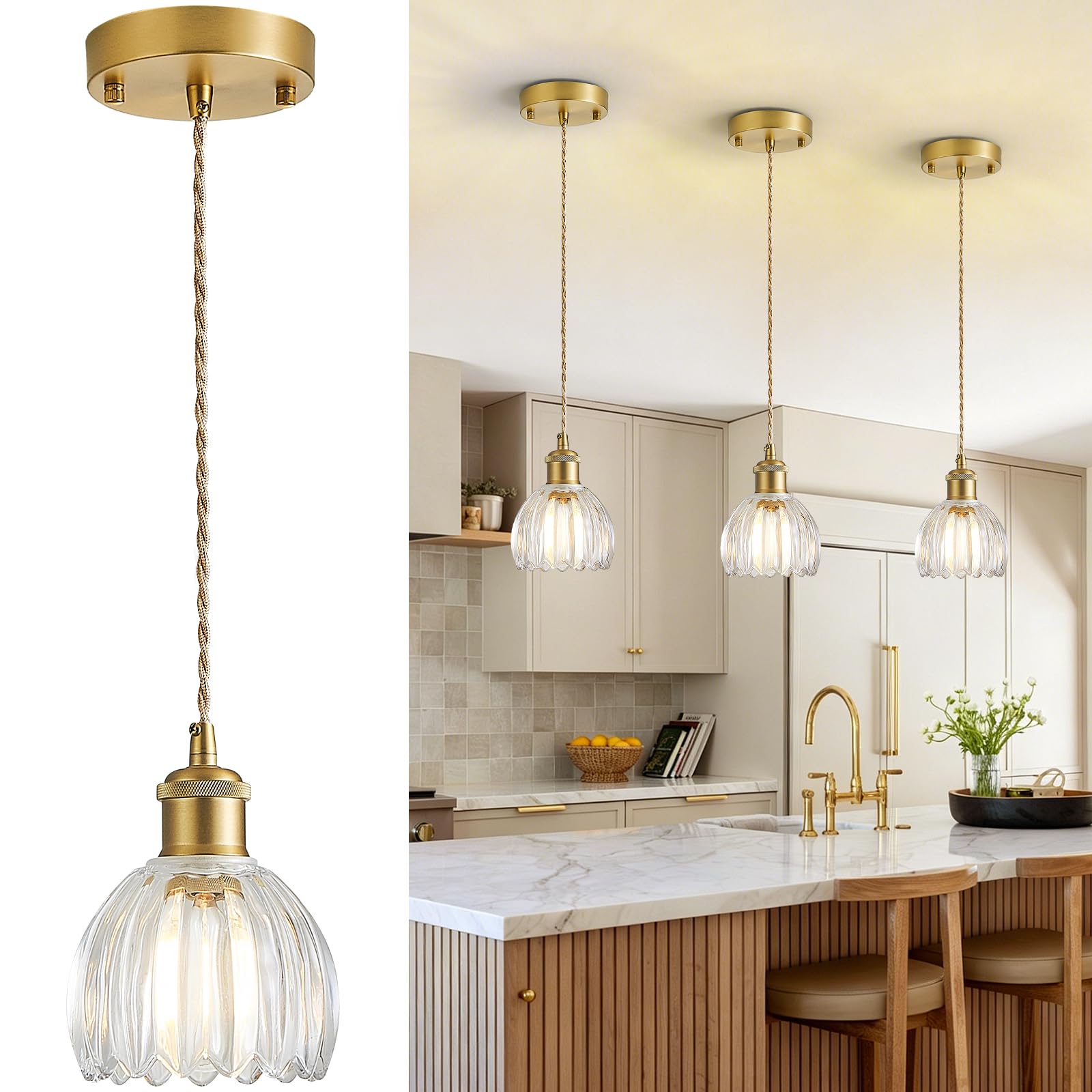 Photo 1 of DIKAIDA 2 Pack Pendant Lights Kitchen Island, Adjustable Hanging Lamp with Tulip Glass Lampshade, Vintage Gold Pendant Light Fixtures for Kitchen, Island, Bedroom, Living Room, Hallway