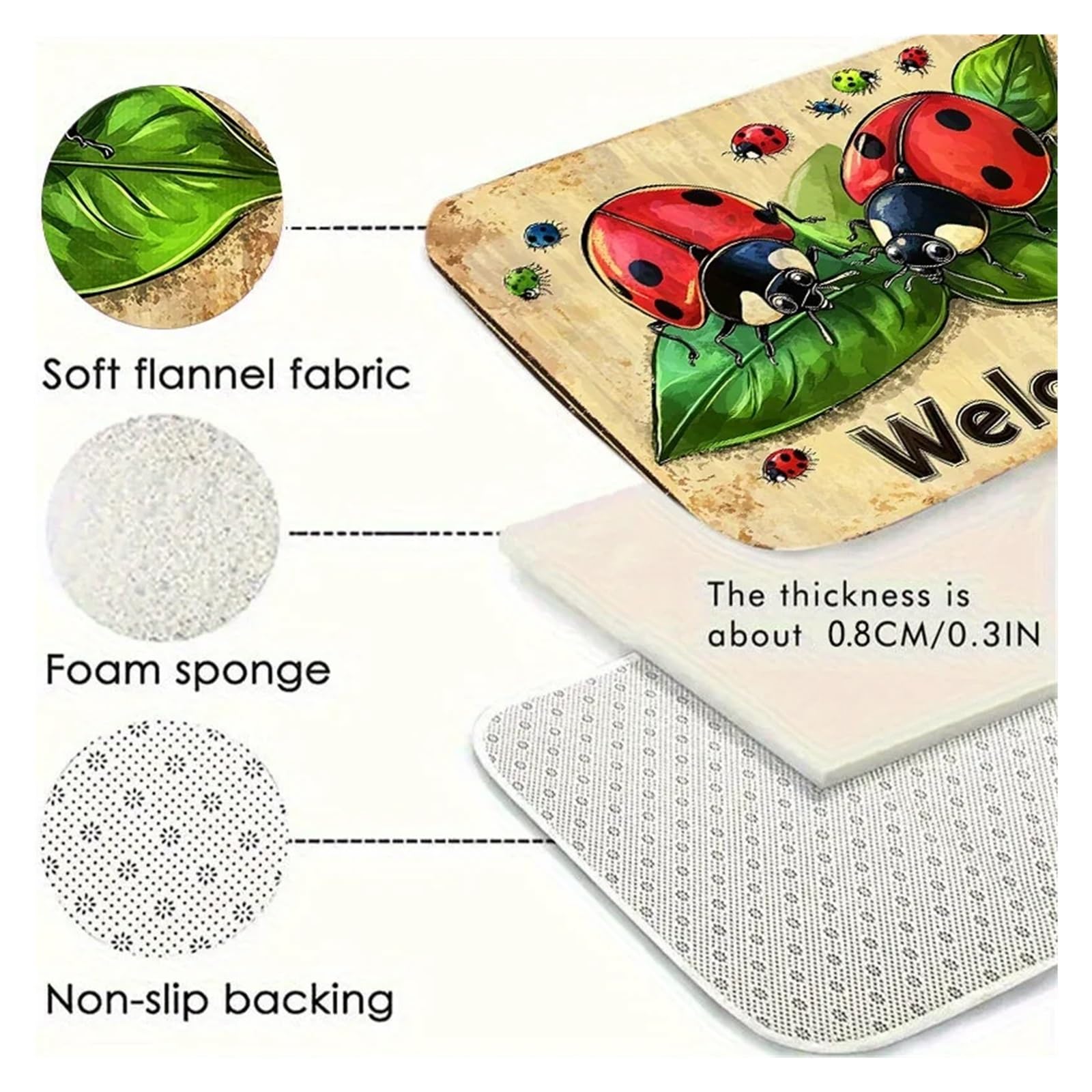 1pc Cartoon Marienkäfer Teppich Grün Blatt Boden Matte Weiche Fußmatte Willkommen Warme for Schlafzimmer for Wohnzimmer Hause Decor(80X120CM 2.6X3.9FT)