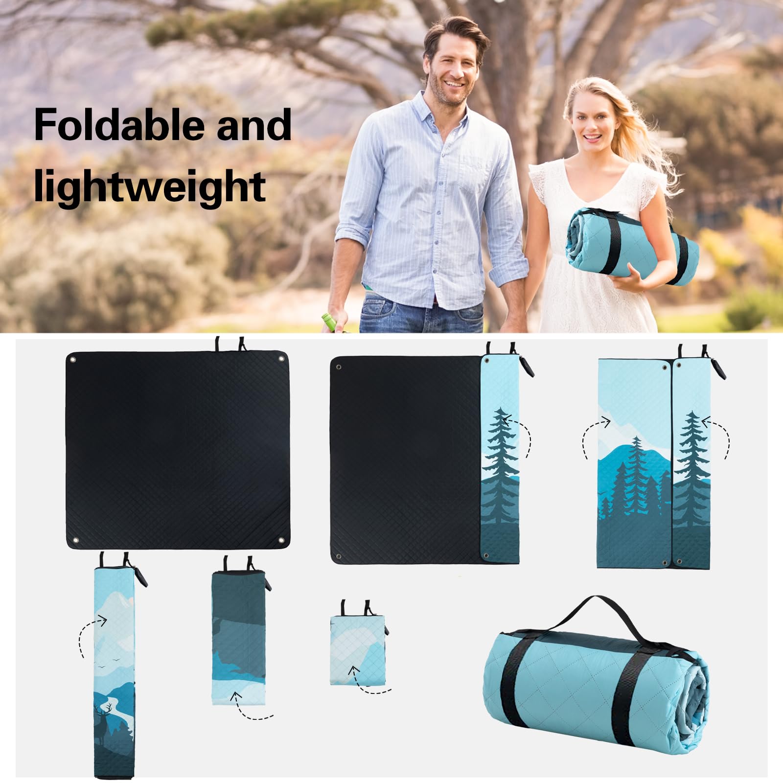 PY SUPER MODE Coperta da picnic impermeabile extra large, 200 x 200 cm, 5 strati, per spiaggia, campeggio, parco, prato, sistema di ancoraggio antivento con paletti, pieghevole, blu e marrone