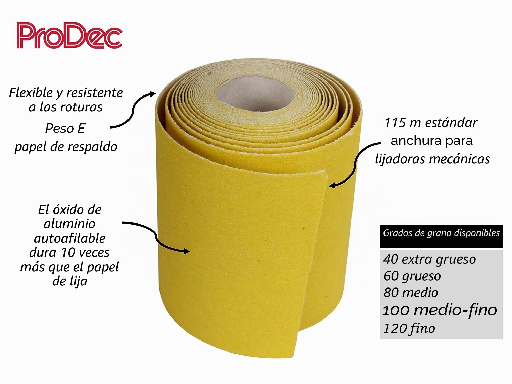 ProDec Rollo de 10m de papel de lija abrasivo de óxido de aluminio amarillo de grano fino 120 para lijar madera, pintura, yeso, masilla, metal y más, 115mm de ancho Compatible con lijadoras a máquina