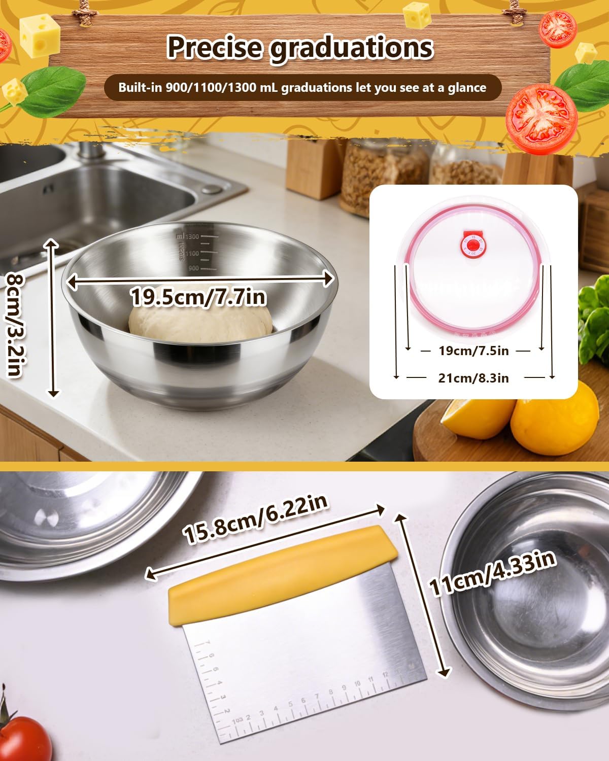 3 Pack Pizza Dough Proofing Container, 44oz/1300ML Stainless Steel Proofing Box with Clear Airtight Lid, Stackable Fermentation Storage for Dough Balls & Bread, Includes Cutter