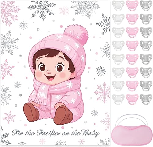 Miniatura 16 de Faccito Juego pon el chupón para baby shower Decoraciones para fiesta de baby shower Incluye póster grande 24 pegatinas de chupete Juego con venda