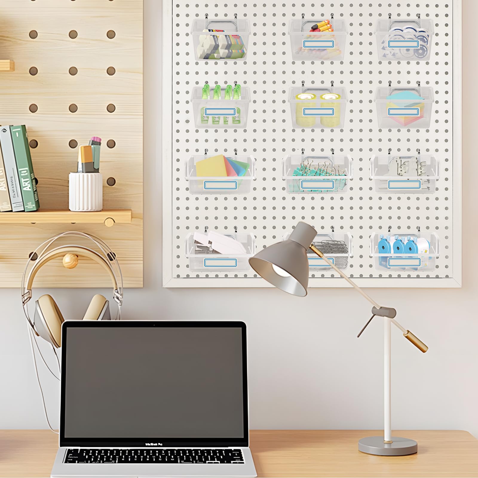 efuturetime 12 x Crochet Panneau Perforé Mural, Boite Transparent Rangement Atelier Bricolage avec 36 Adhésives Papier Étiquette pour Garage, Jardin, Boutique