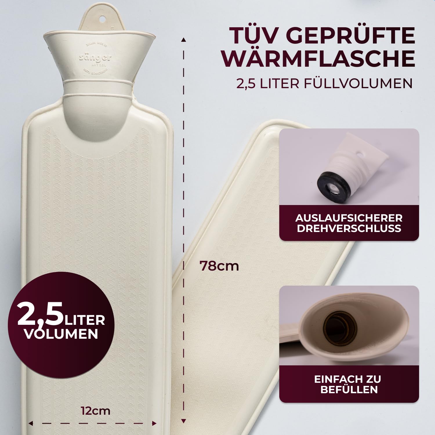 Bolsa de agua caliente con funda de algodón orgánico extrasuave, fabricada en Alemania, botella de agua caliente mullida y cálida para aliviar el dolor, Easy and Green (2,5 L de largo)