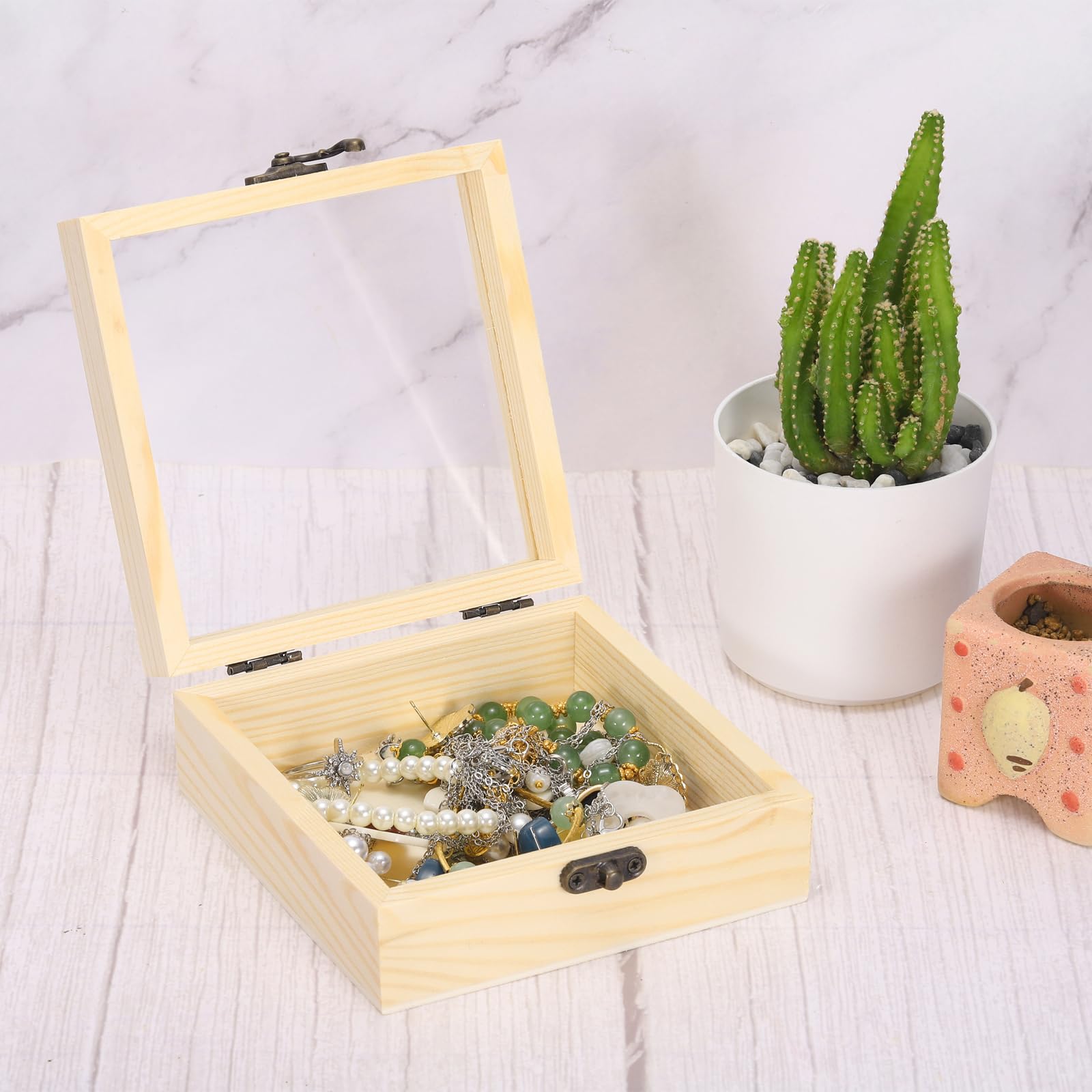MECCANIXITY Caja expositora de madera sin terminar con tapa con bisagras, caja de almacenamiento de recuerdos de madera pequeña de 2 tamaños con tapa de vidrio para decoración de regalos de joyería, 2