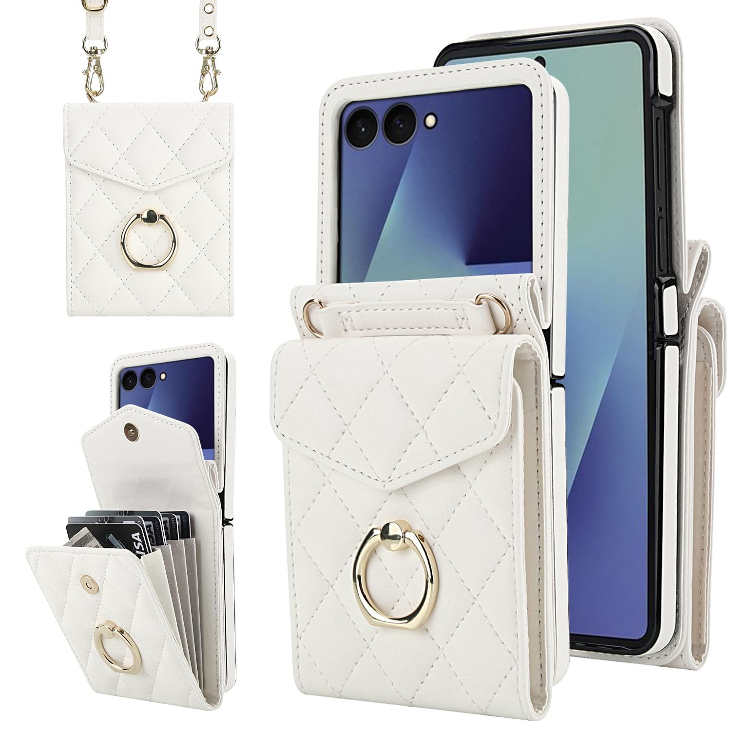 Etui portfelowe na telefon Samsung Galaxy Z Flip 7 z pierścieniem i regulowanym paskiem crossbody, stylowe i wielofunkcyjne etui z klapką w stylu akordeonowym z 4 przegródkami na karty. (białe)