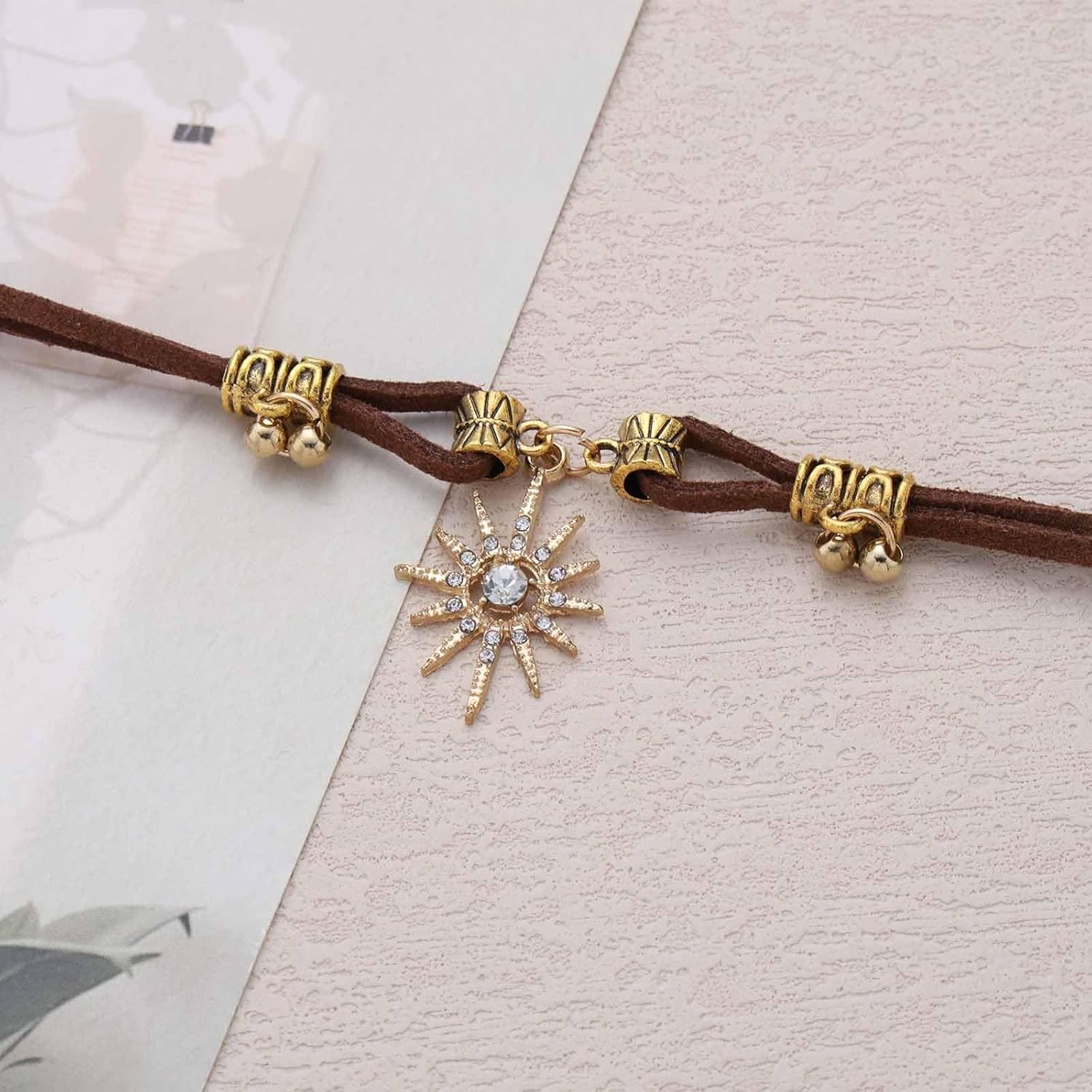 Bohemian Crystal Starburst Choker Necklace Gold Cz Star Pendant Necklaces Brown Leather Suede Cord Chain Necklaces Rhinestone Sunburst Suede Collar Necklace Jewelry for Women - Image 4