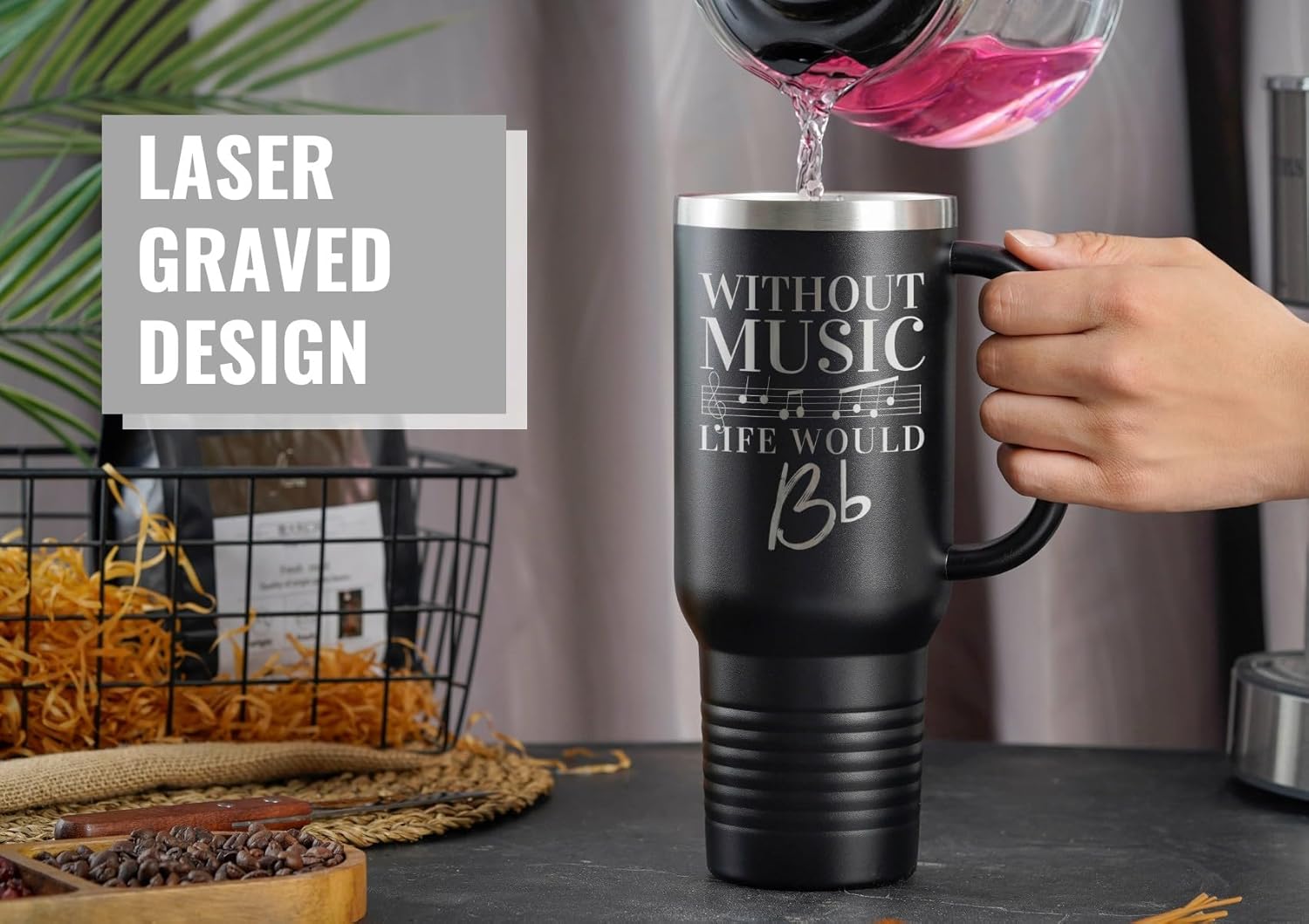 Onebttl Music Lover Gifts For Men, Women - Without Music Life Would B Flat - 40oz/1180ml Stainless Steel Insulated Tumbler with Handle, Straw & Lid - Musician Gifts, Musical Lovers Gift (Black) - Image 3