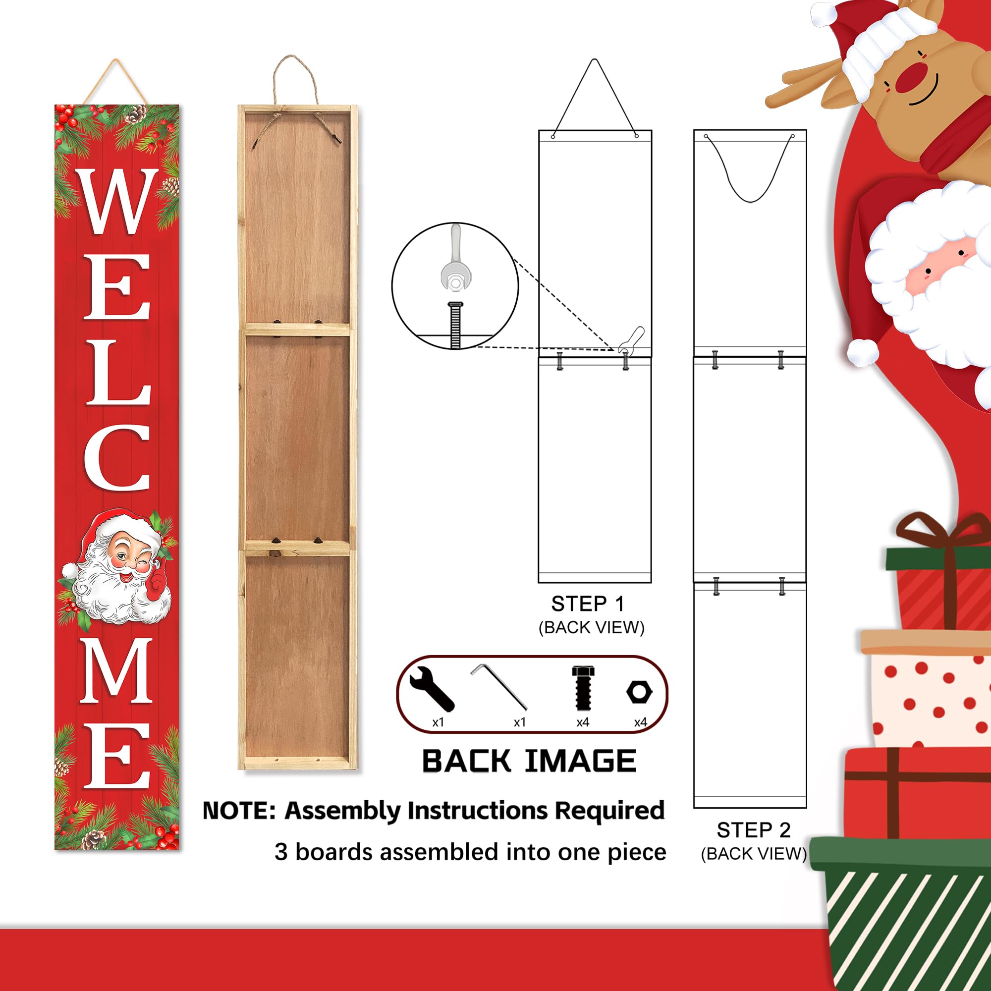 Letrero de madera de Navidad para porche, 47 pulgadas, diseño de Papá Noel, letrero grande de bienvenida para el hogar, puerta delantera, patio, decoración de fiesta (rojo)